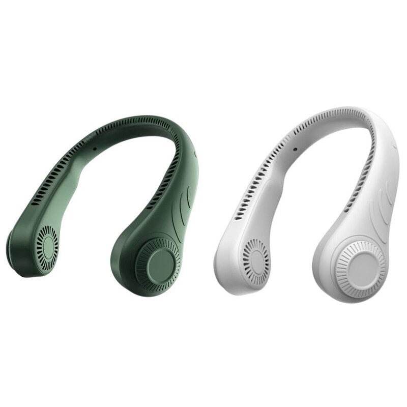 A stylish green and white Hanging USB Portable Charging Handheld Neck Fan worn around the neck, showcasing its modern design and functionality.