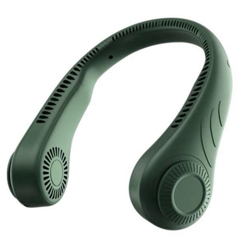 A stylish green and white Hanging USB Portable Charging Handheld Neck Fan worn around the neck, showcasing its modern design and functionality.