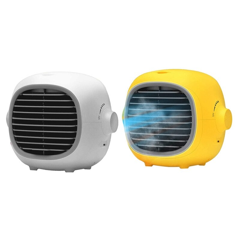 Indoor Portable Water Cooling Fan with 200mL water tank, USB rechargeable, compact design for desk or bedside use.