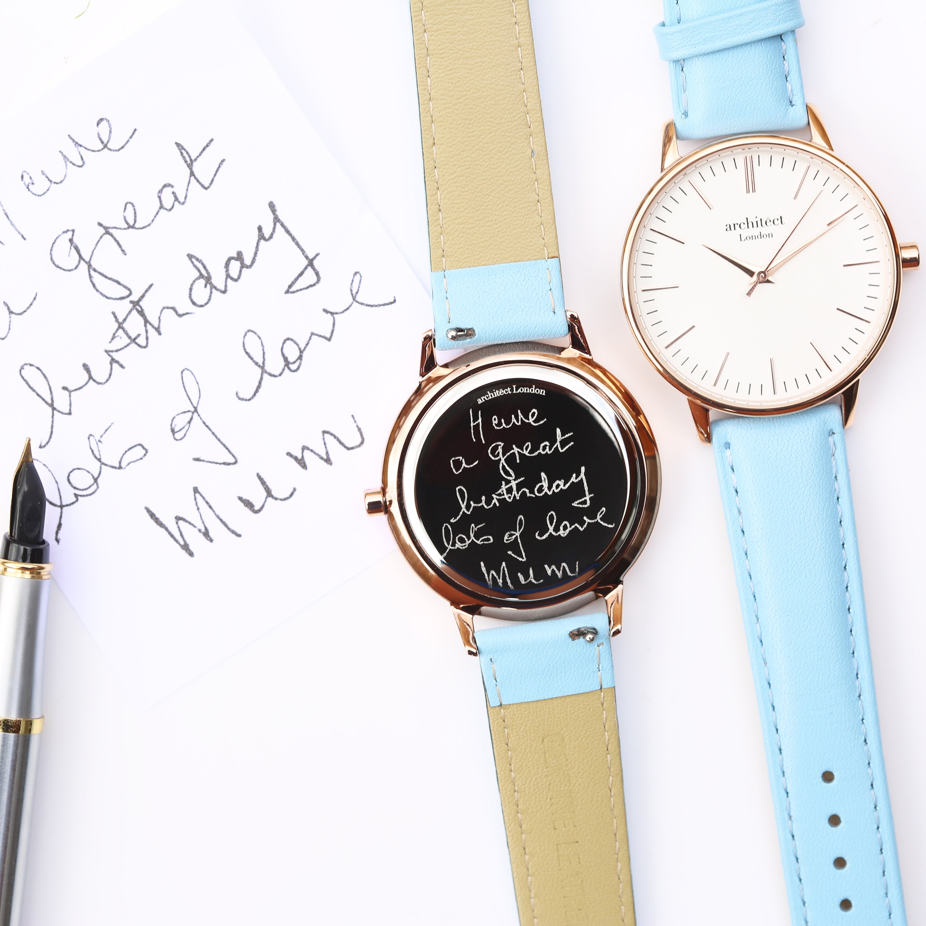 Ladies Architēct Blanc watch featuring a light blue genuine leather strap and personalized handwriting engraving on the back.