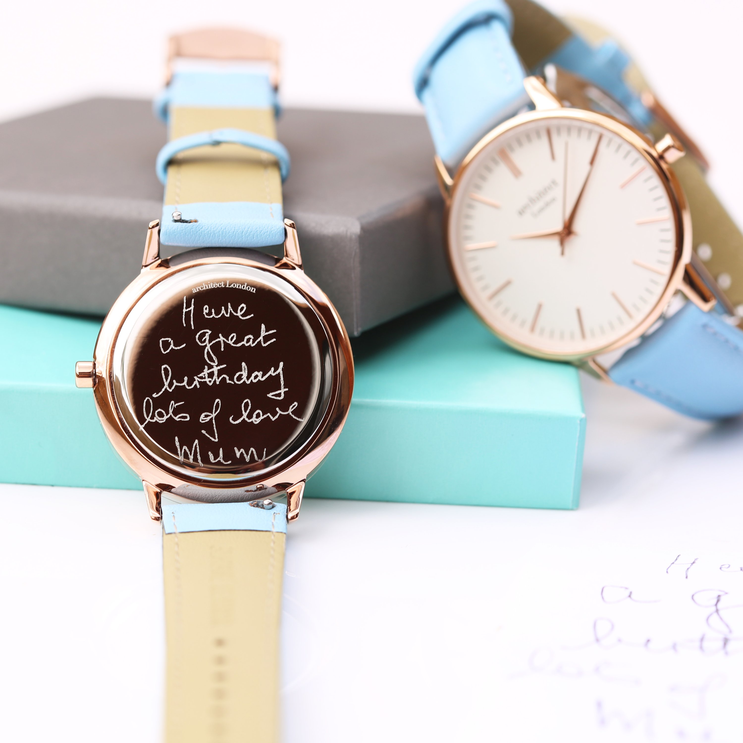 Ladies Architēct Blanc watch featuring a light blue genuine leather strap and personalized handwriting engraving on the back.