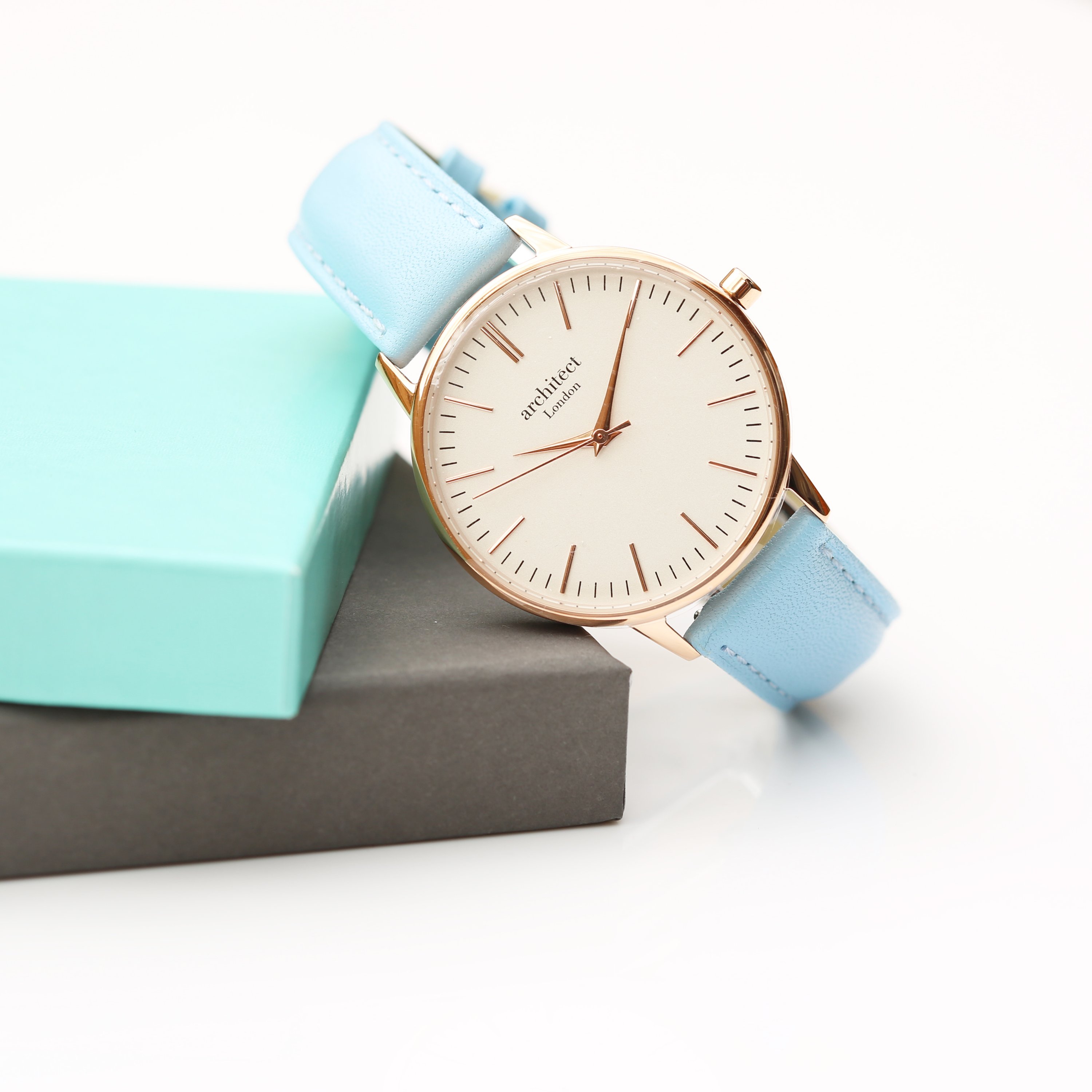 Ladies Architēct Blanc watch featuring a light blue genuine leather strap and personalized handwriting engraving on the back.