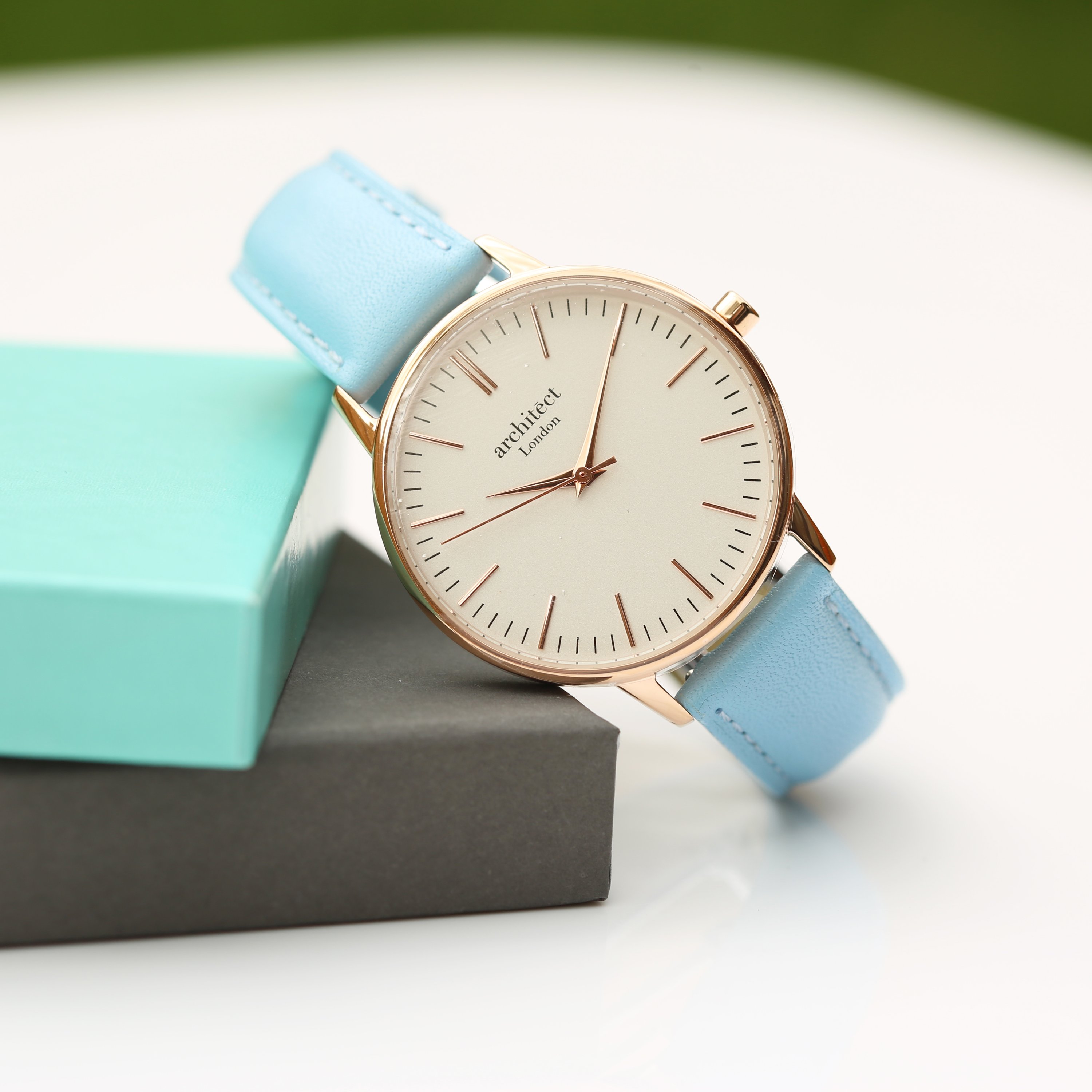 Ladies Architēct Blanc watch featuring a light blue genuine leather strap and personalized handwriting engraving on the back.