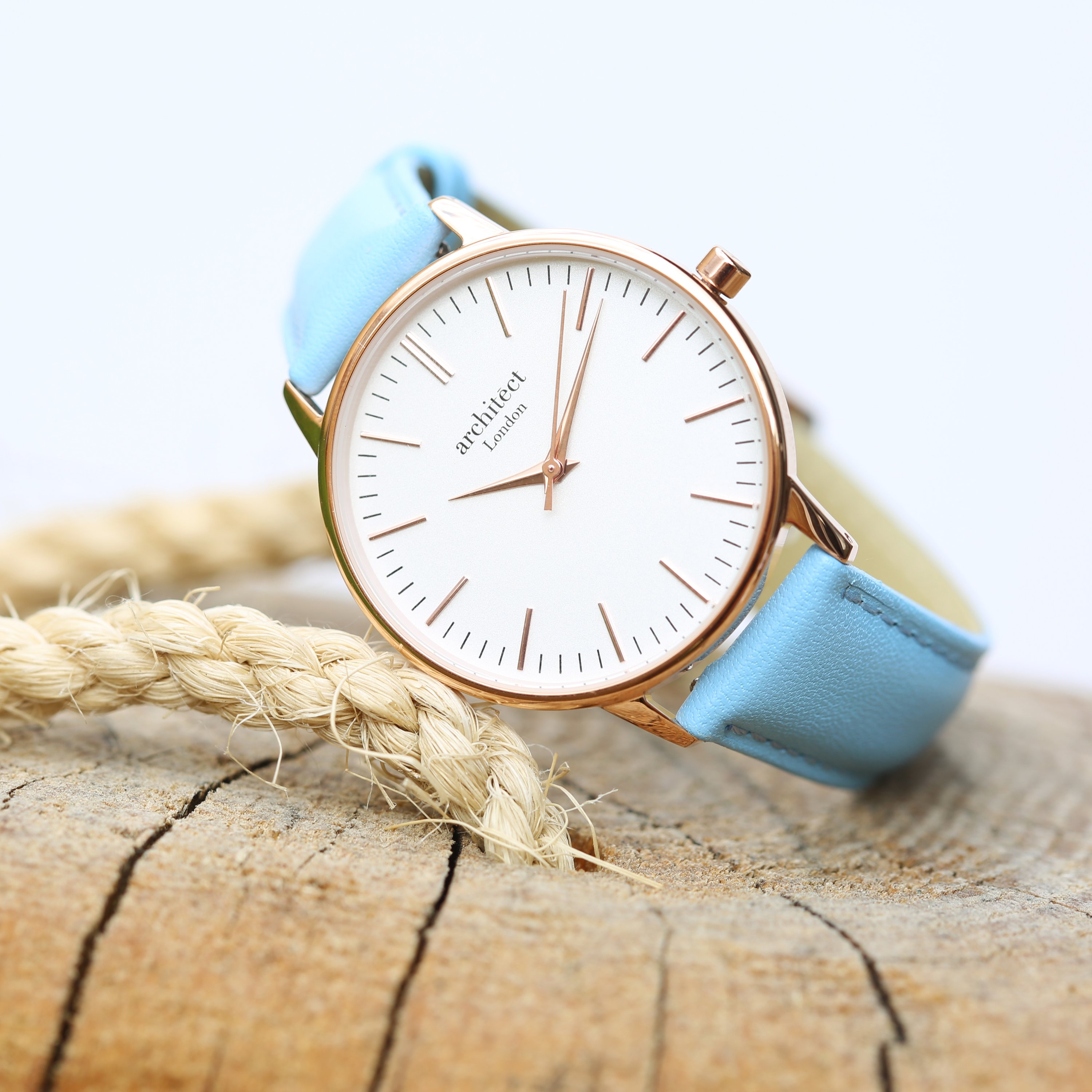 Ladies Architēct Blanc watch featuring a light blue genuine leather strap and personalized handwriting engraving on the back.