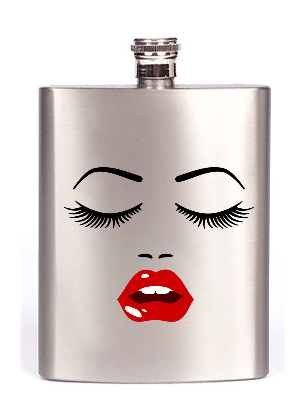 Stylish Lips & Lashes Personalised Hip Flask made of stainless steel with a sleek design, featuring a captive lid and four cup set.