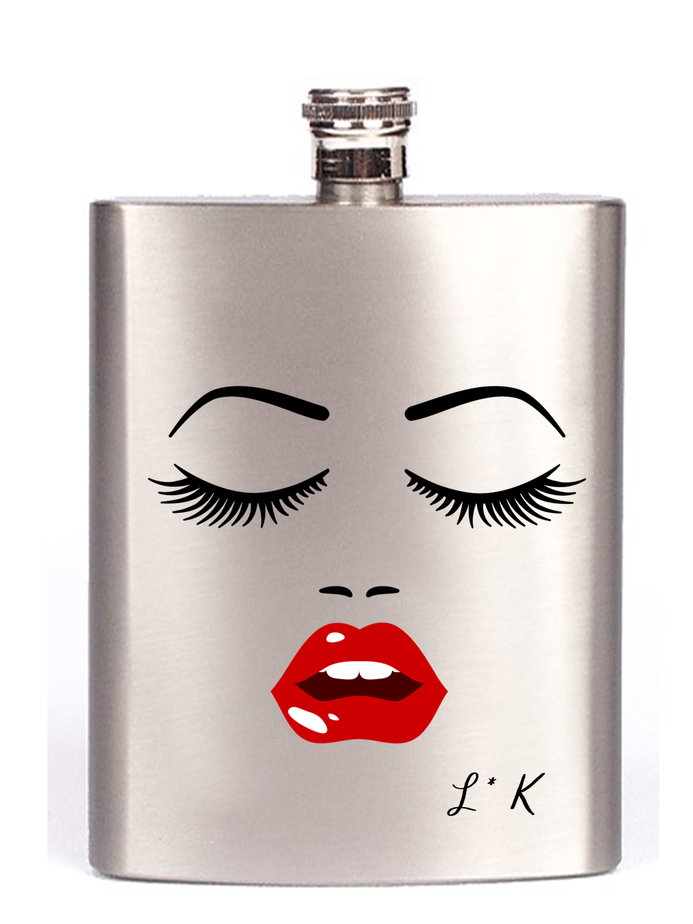 Stylish Lips & Lashes Personalised Hip Flask made of stainless steel with a sleek design, featuring a captive lid and four cup set.