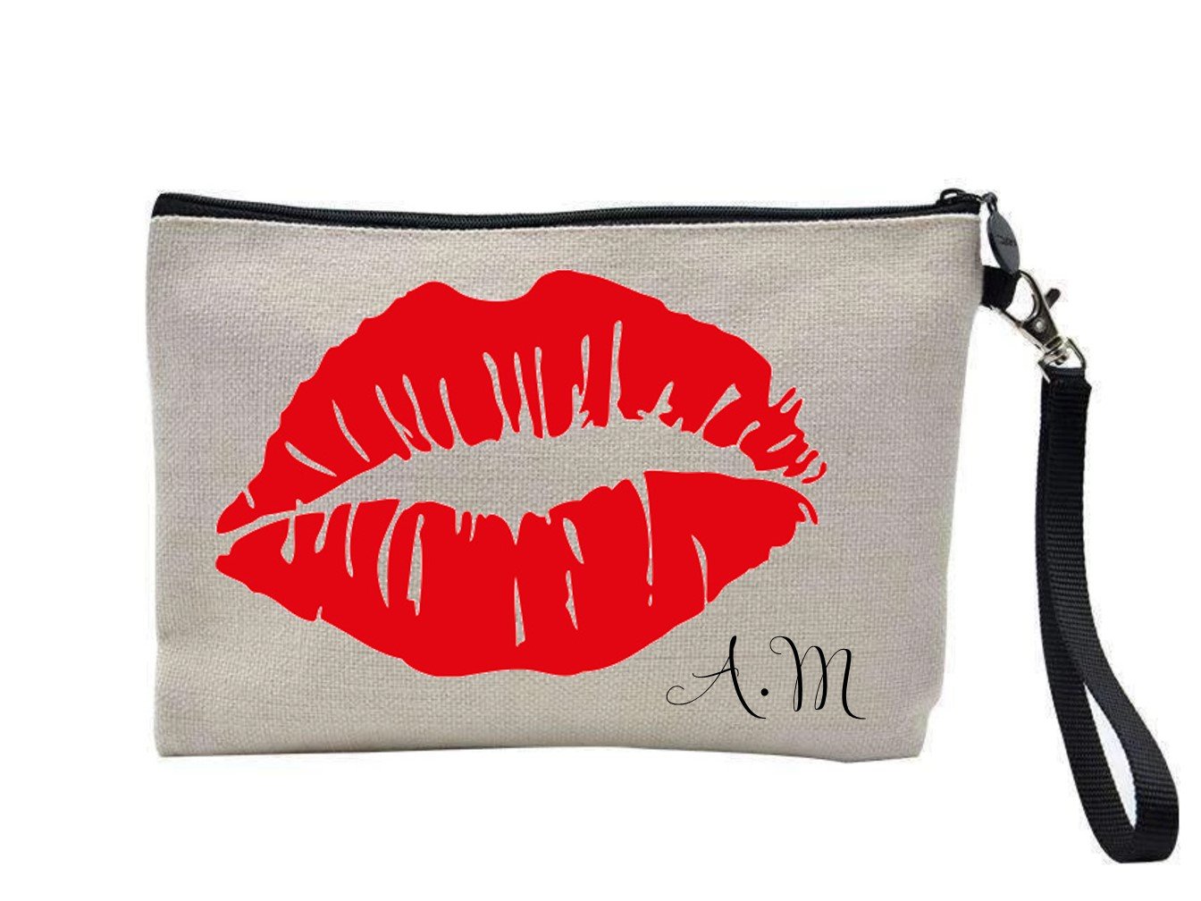 Lips Personalised Linen Make Up Bag featuring a stylish design and custom name option, perfect for cosmetics and travel.