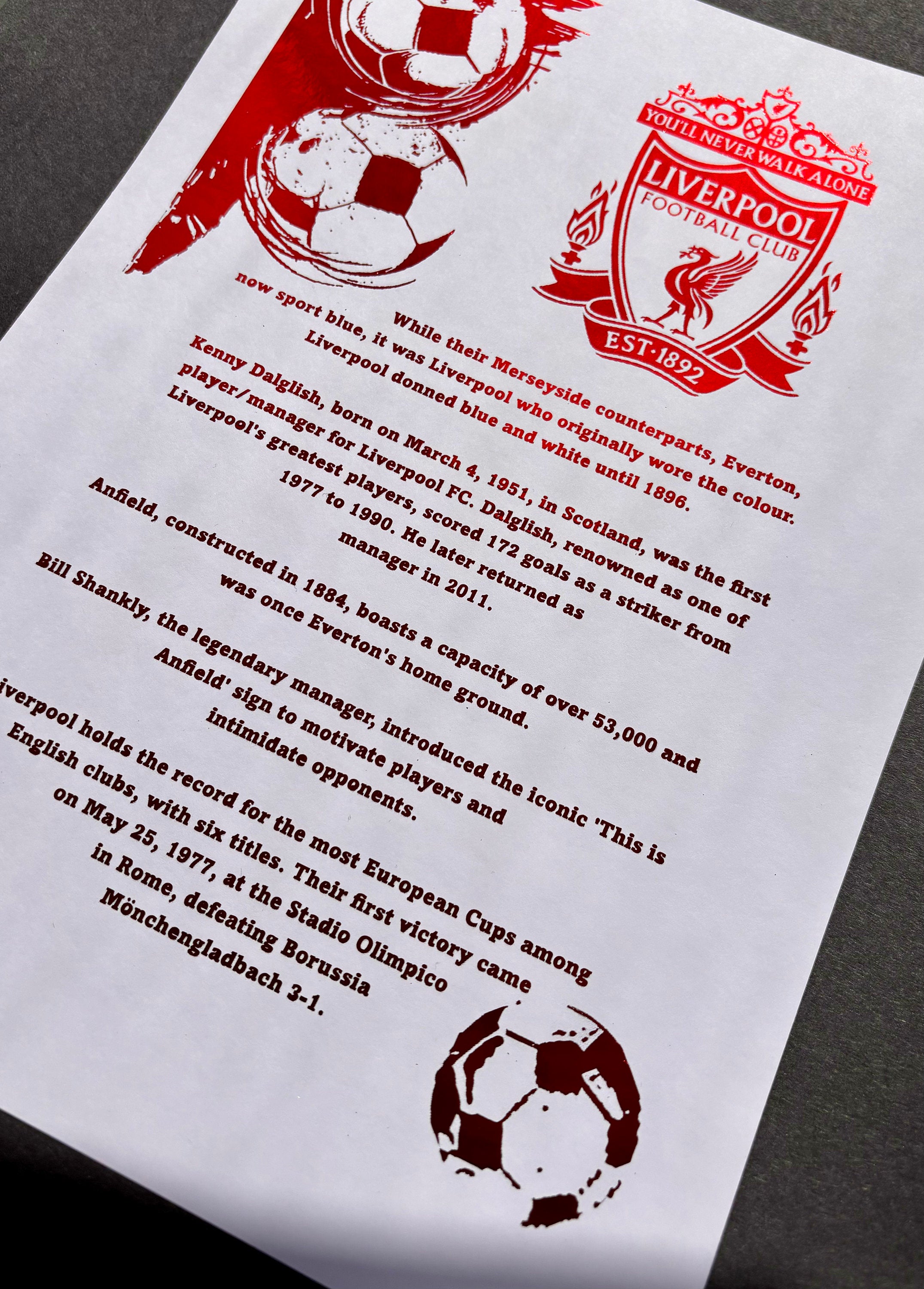 A stunning A4 foil print featuring the Liverpool FC logo in vibrant red foil, showcasing the club's rich history.