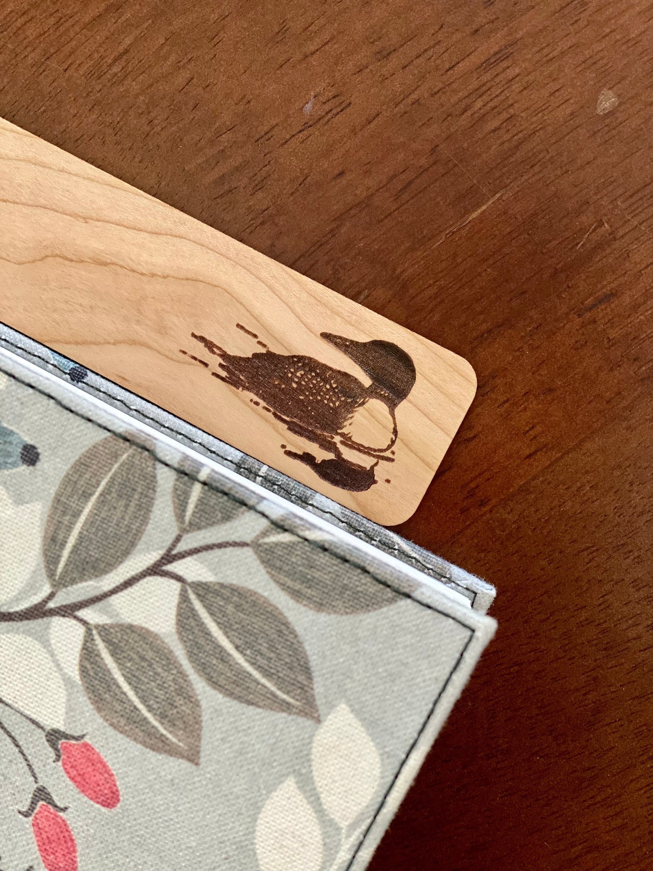 Loon Engraved Wood Bookmark made of Cherry hardwood with a tassel, featuring a detailed loon illustration.