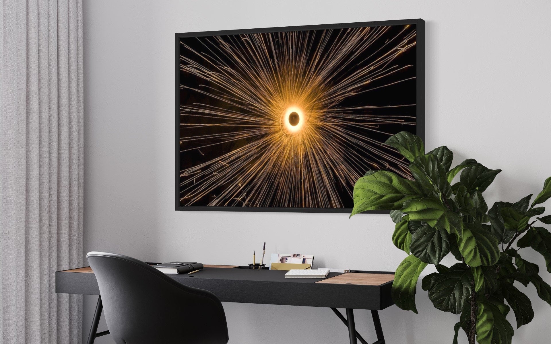 Long Exposure Orange Circle Light Print showcasing vibrant orange hues against a dark background, creating a dynamic abstract composition.