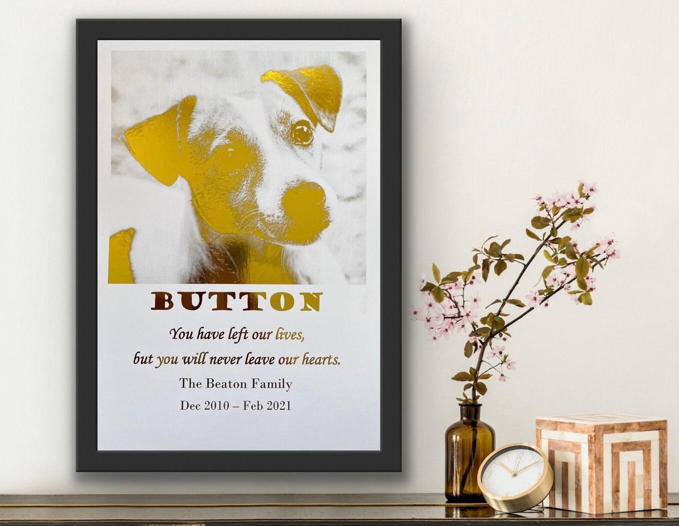 A beautiful Loss of a Pet Foil Print featuring gold foil design and personalized remembrance words, showcasing a cherished pet photo.