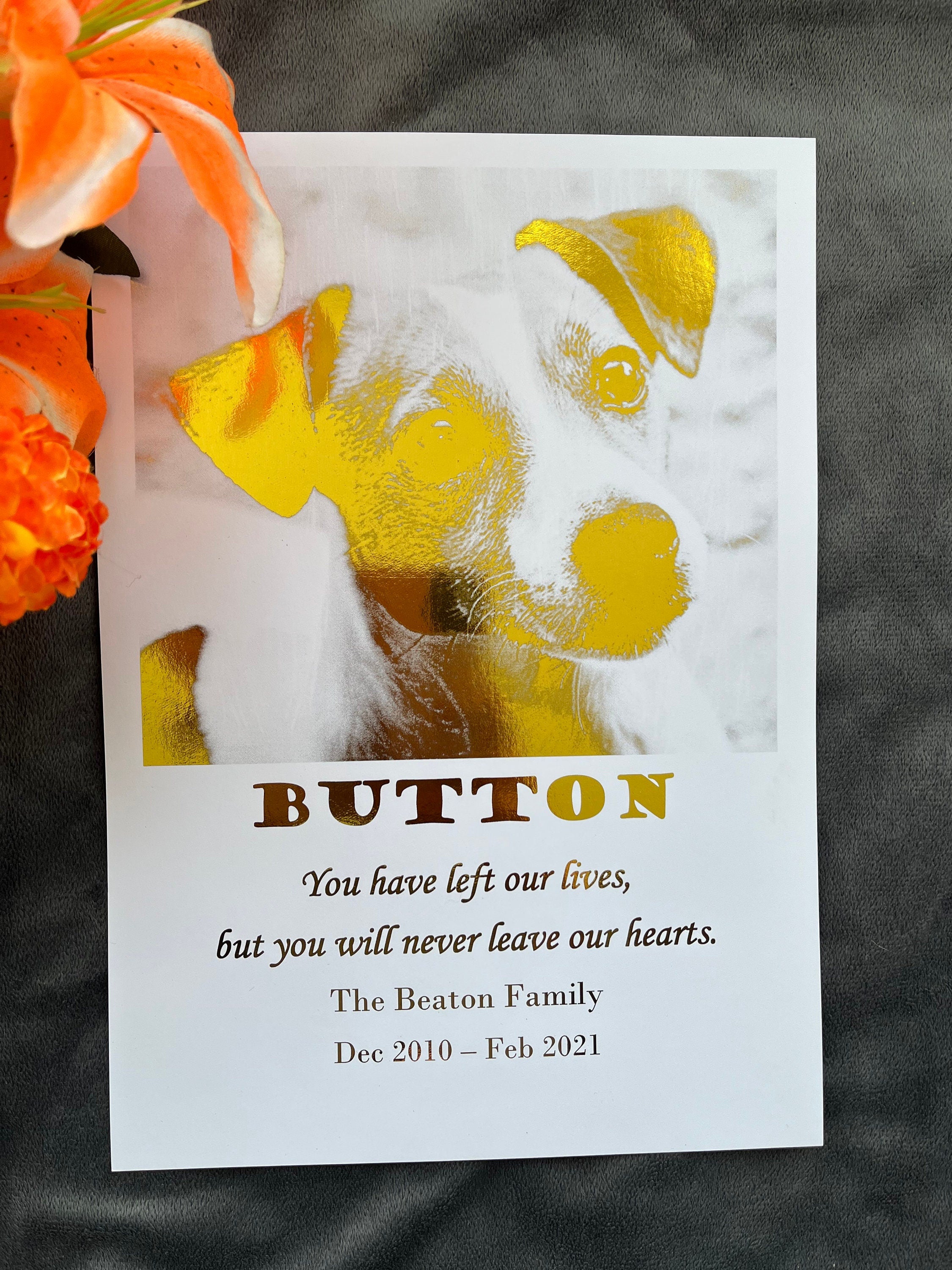 A beautiful Loss of a Pet Foil Print featuring gold foil design and personalized remembrance words, showcasing a cherished pet photo.