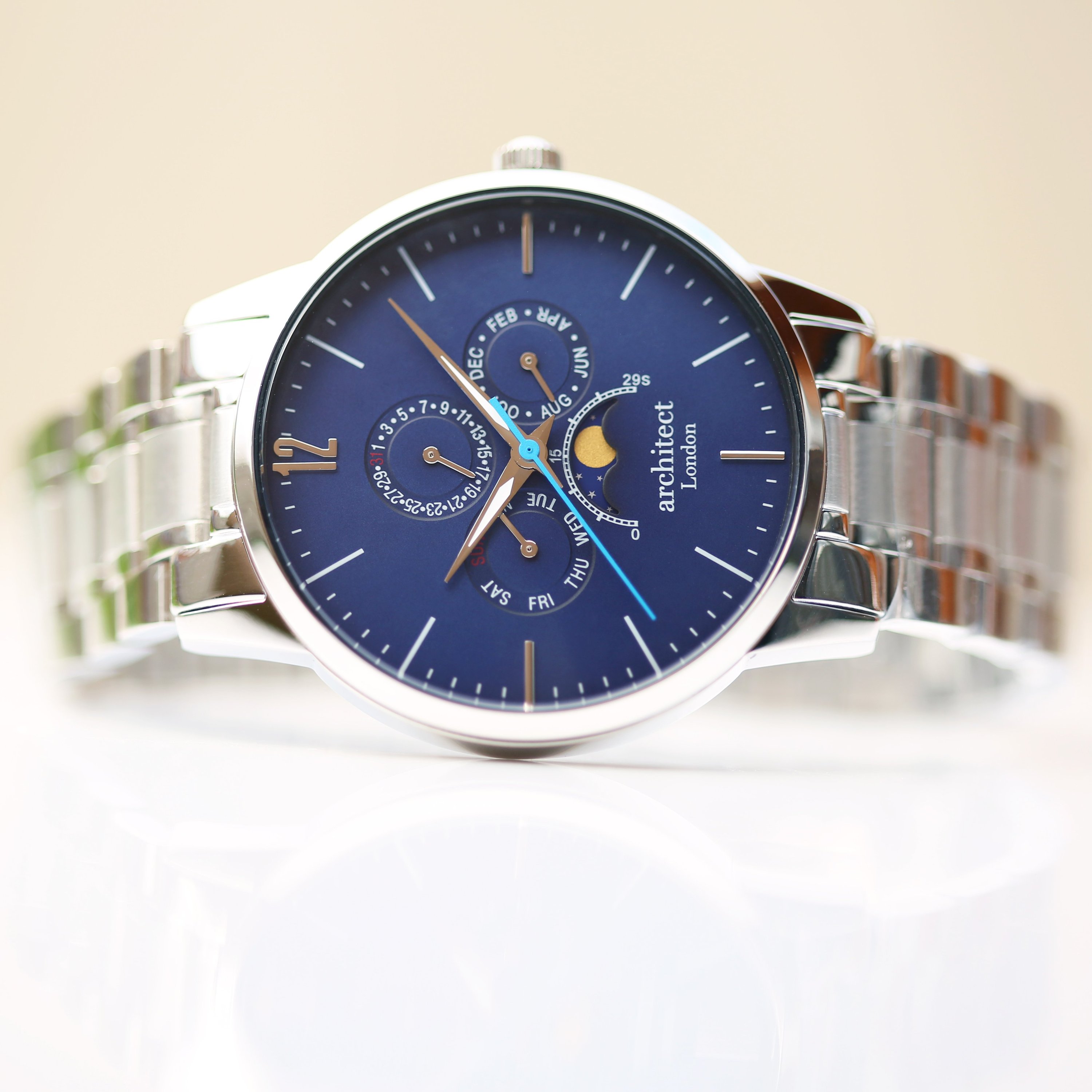 Men's Architect Apollo Blue watch featuring a moonphase display and personalized handwriting engraving on the back.