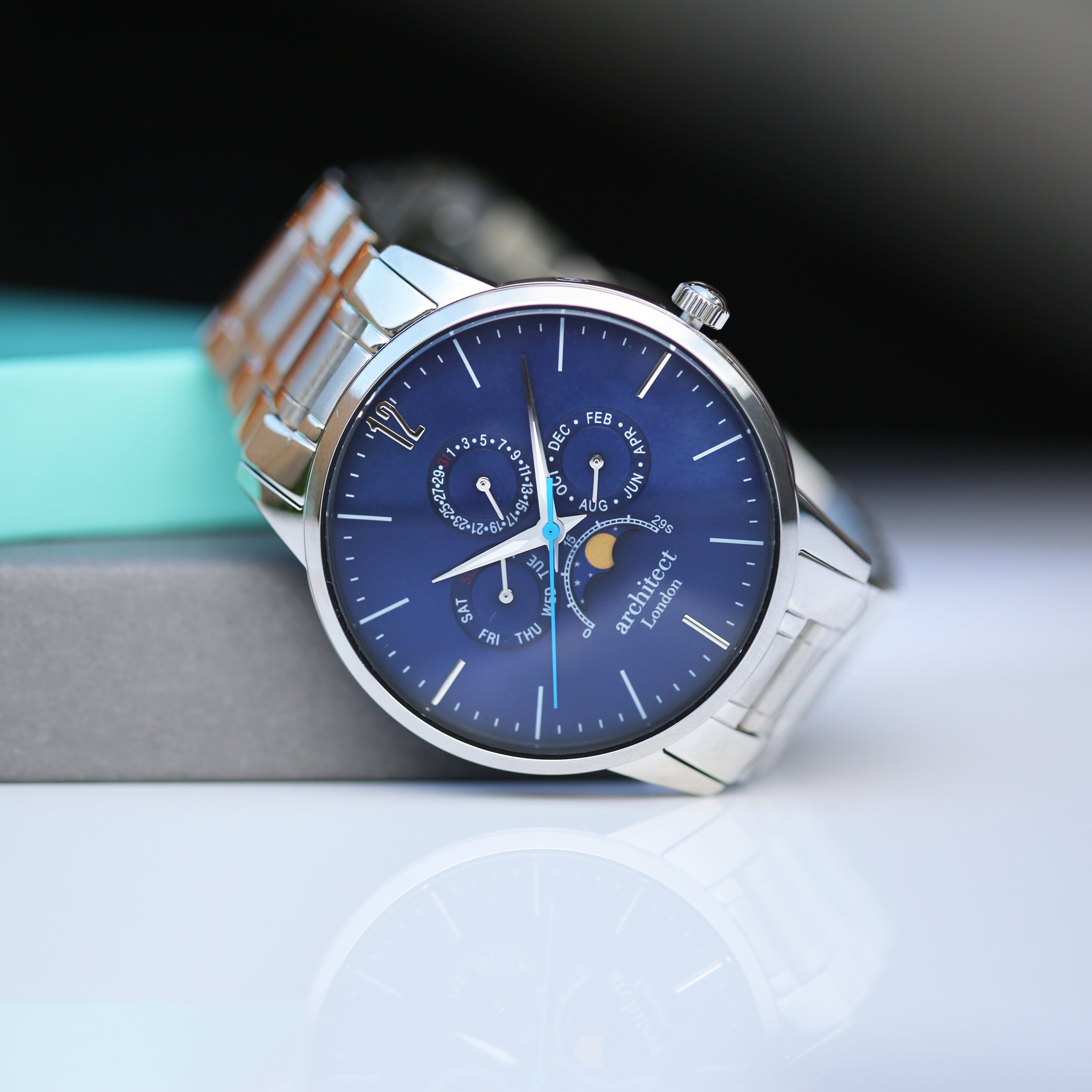 Men's Architect Apollo Blue watch featuring a moonphase display and personalized handwriting engraving on the back.