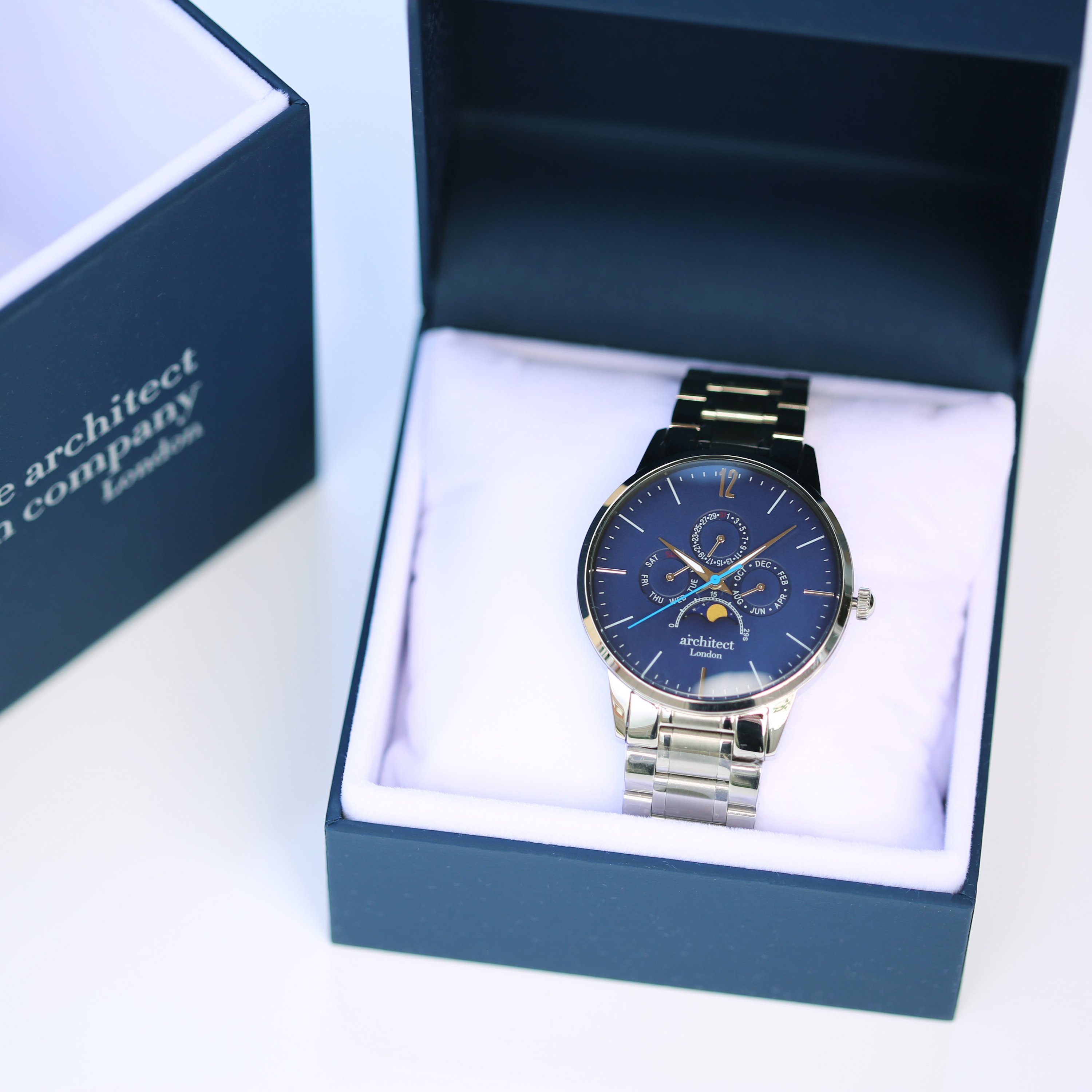 Men's Architect Apollo Blue watch featuring a moonphase display and personalized handwriting engraving on the back.