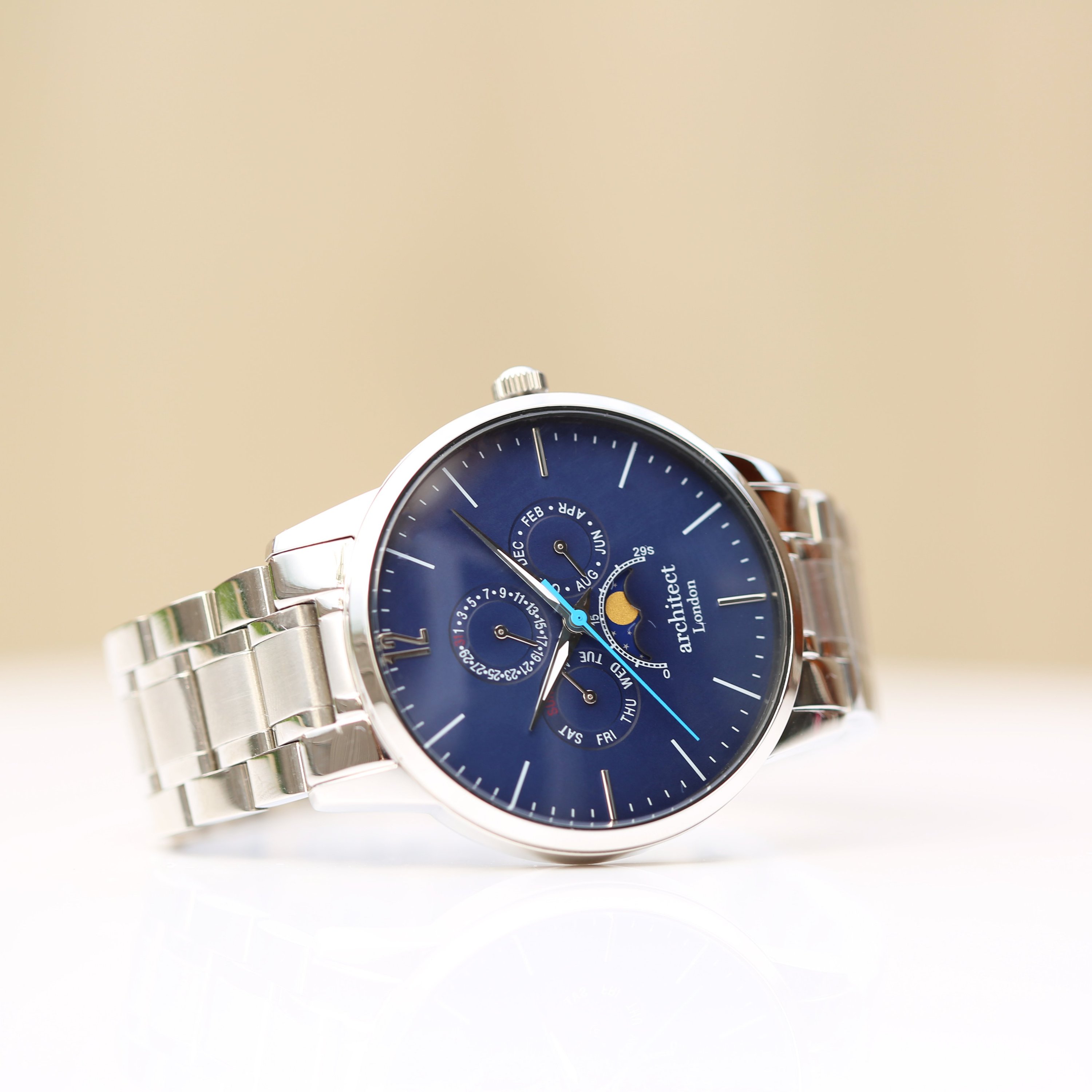 Men's Architect Apollo Blue watch featuring a moonphase display and personalized handwriting engraving on the back.