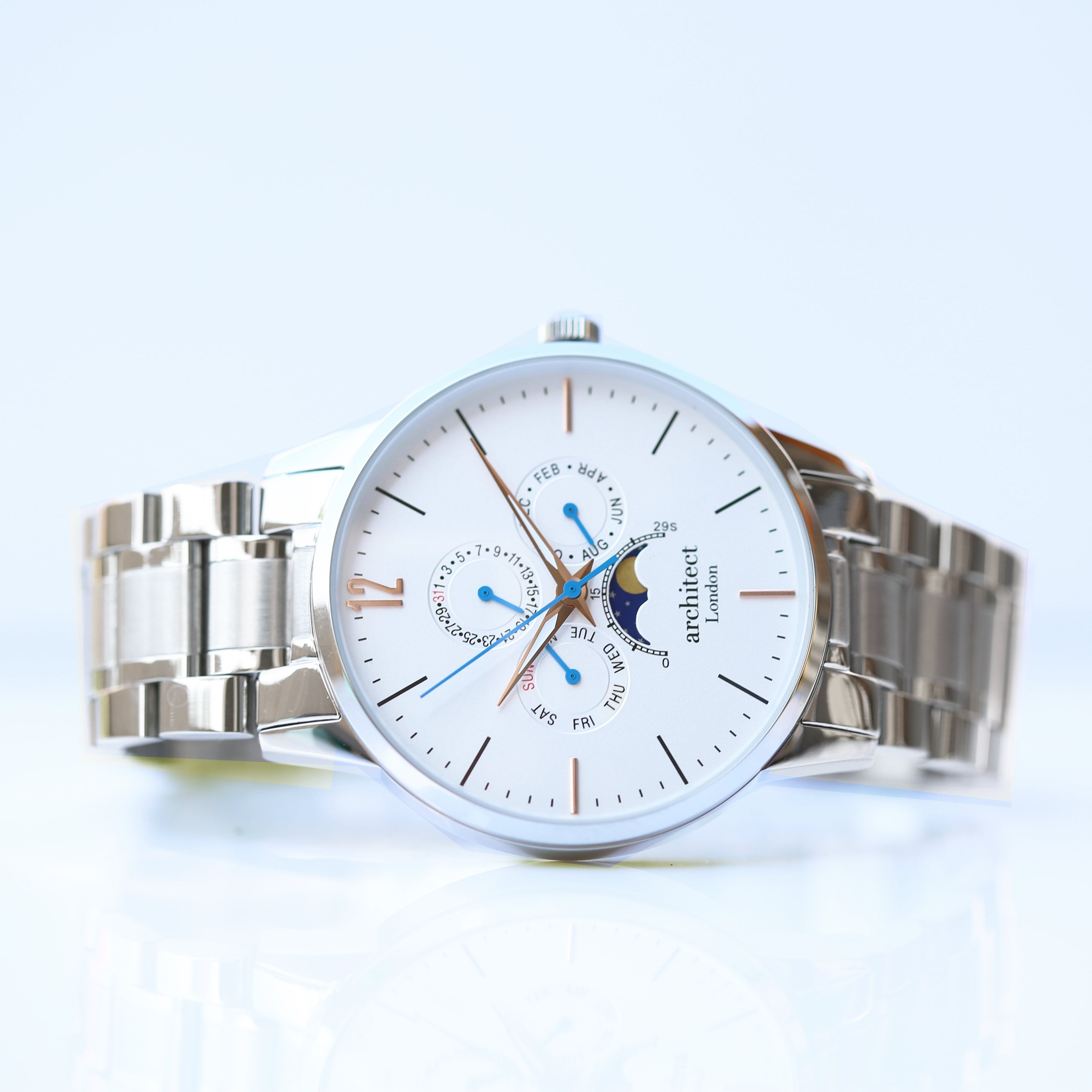 Men's Architect Apollo White watch featuring modern font engraving, moonphase display, and chronograph subdials in a polished stainless steel case.