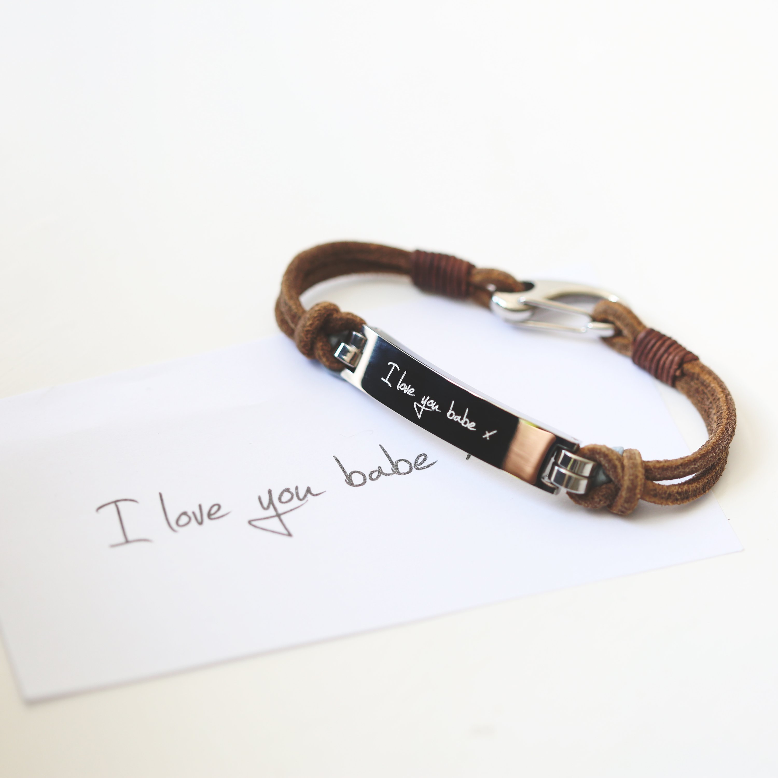 Men's Leather Tan Bracelet featuring personalized handwriting engraving, made from genuine leather with a snap-lock clasp.