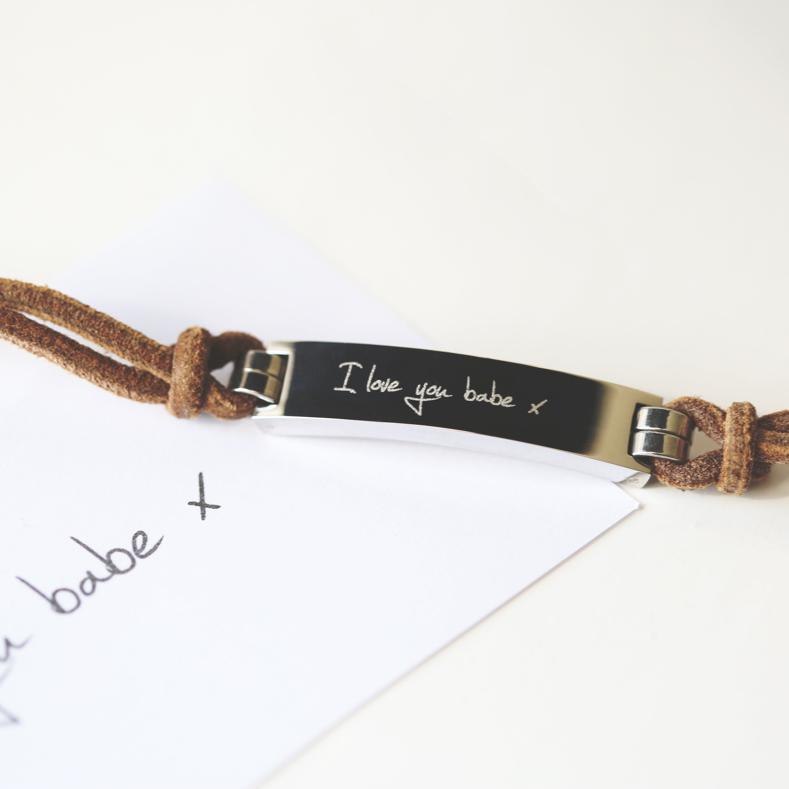 Men's Leather Tan Bracelet featuring personalized handwriting engraving, made from genuine leather with a snap-lock clasp.