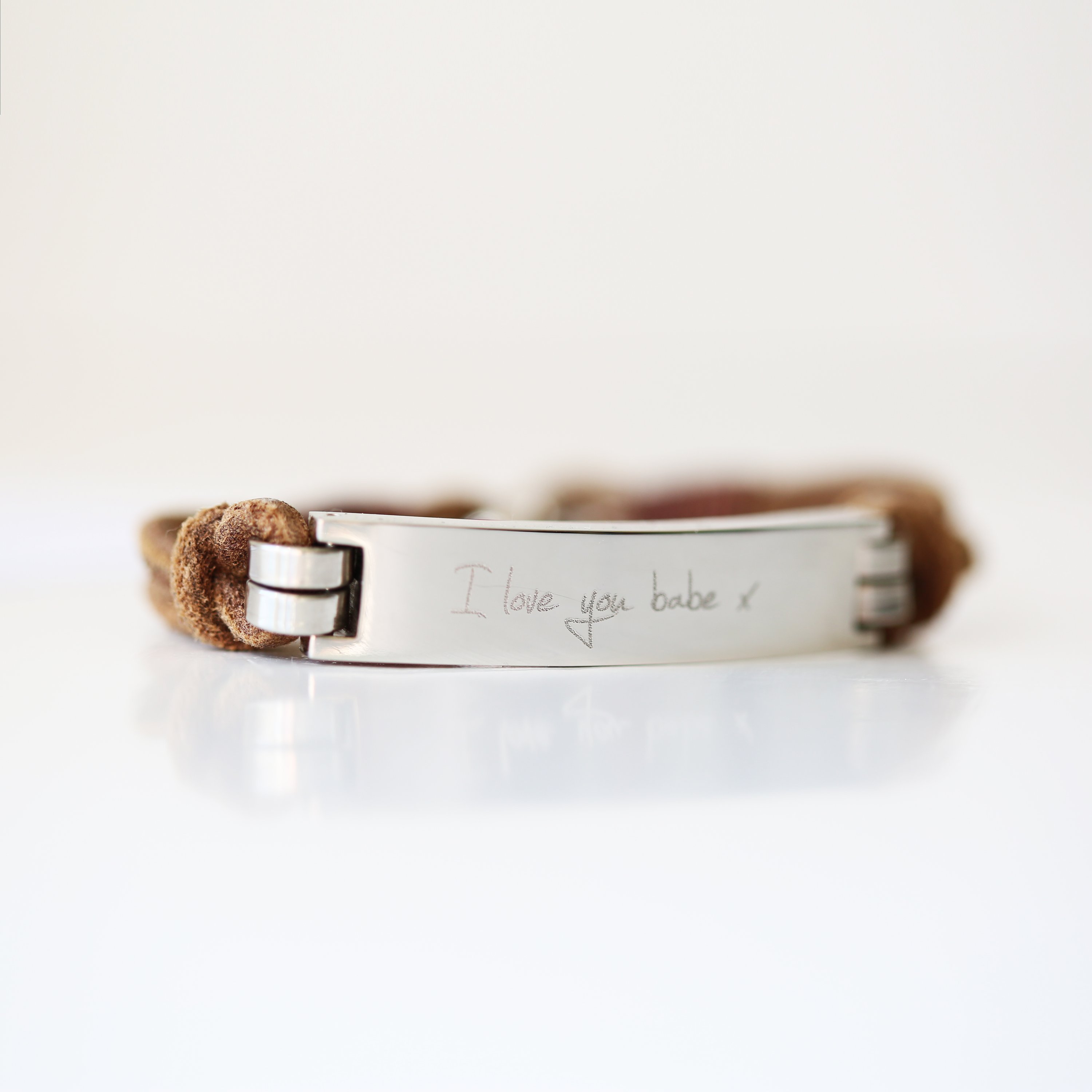 Men's Leather Tan Bracelet featuring personalized handwriting engraving, made from genuine leather with a snap-lock clasp.