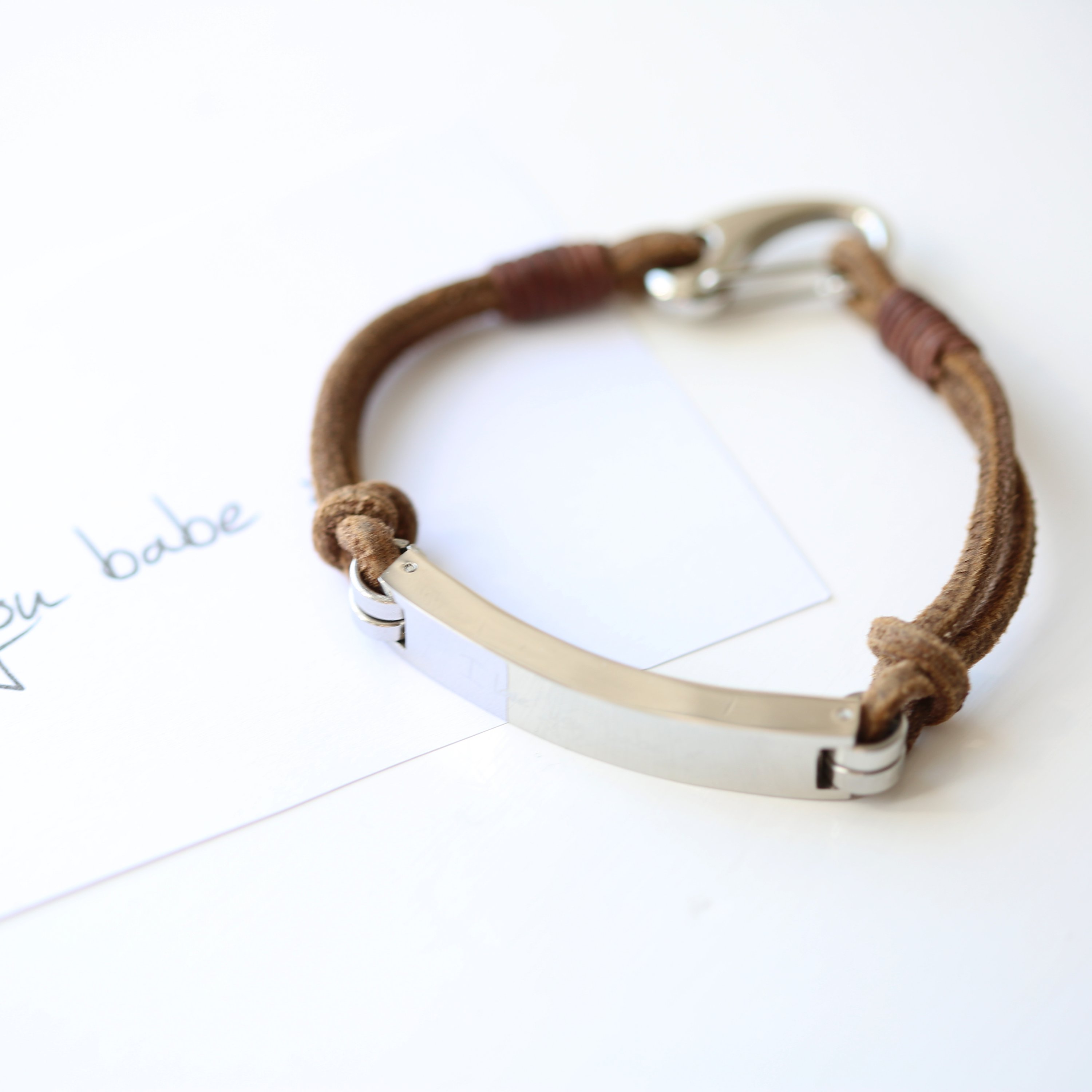 Men's Leather Tan Bracelet featuring personalized handwriting engraving, made from genuine leather with a snap-lock clasp.