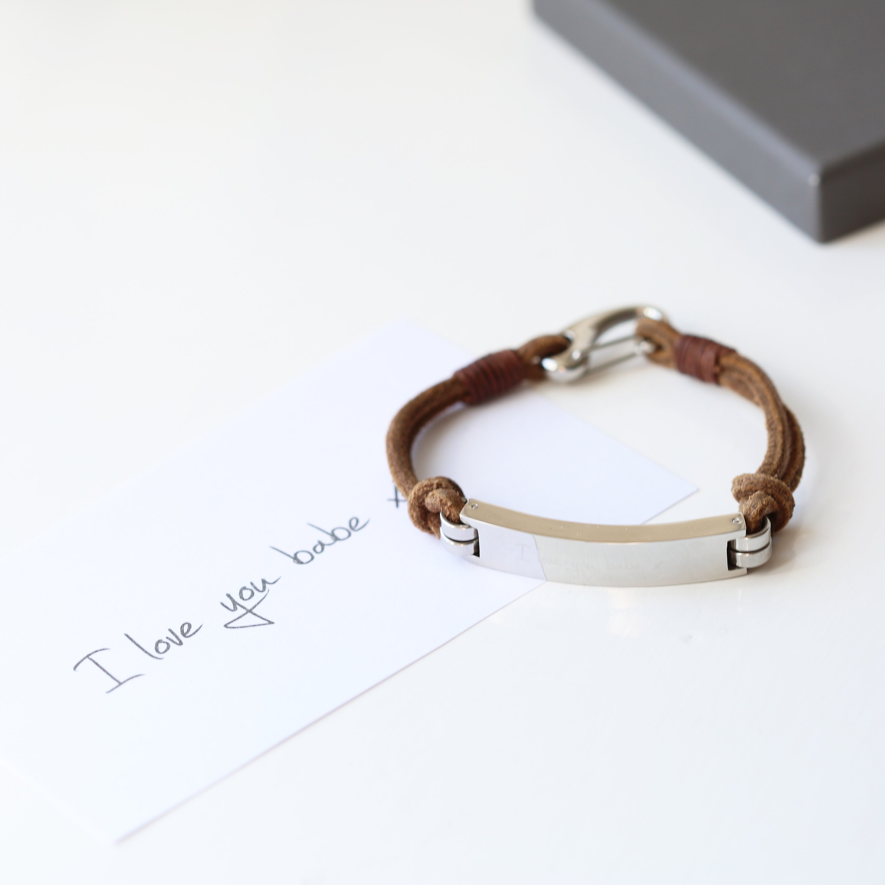 Men's Leather Tan Bracelet featuring personalized handwriting engraving, made from genuine leather with a snap-lock clasp.