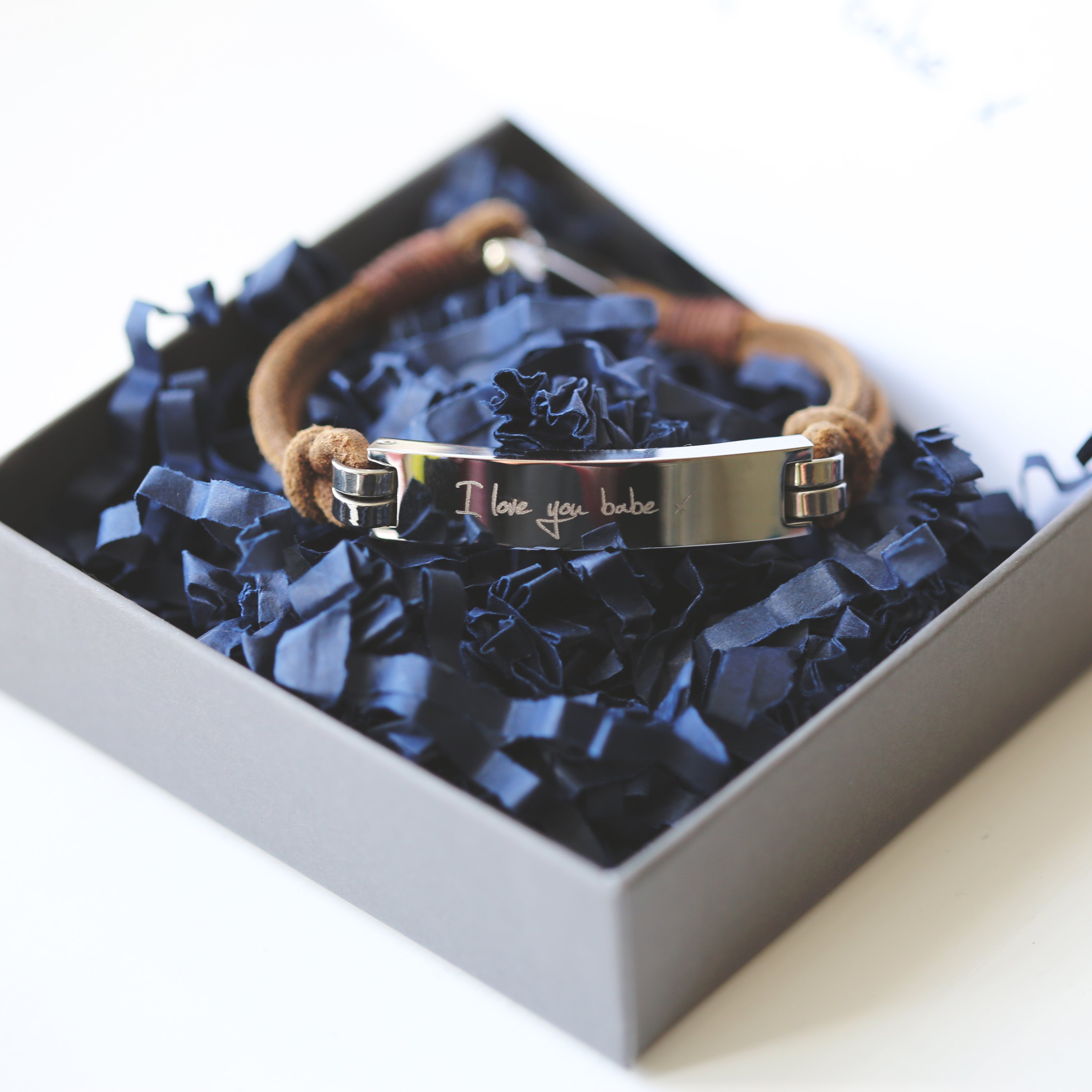 Men's Leather Tan Bracelet featuring personalized handwriting engraving, made from genuine leather with a snap-lock clasp.