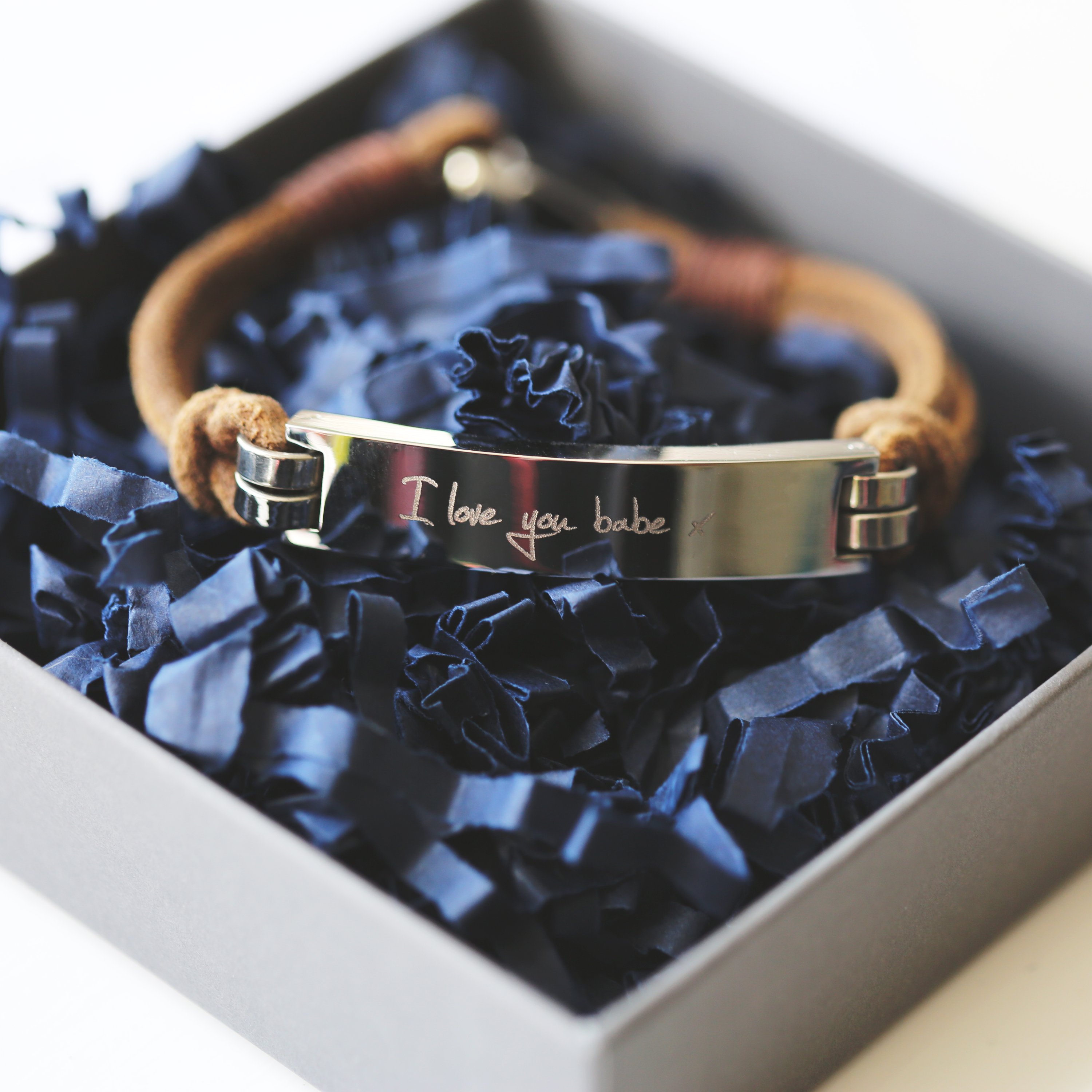 Men's Leather Tan Bracelet featuring personalized handwriting engraving, made from genuine leather with a snap-lock clasp.