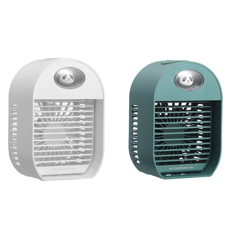 Mini USB Portable Air Cooler Fan in white and green, showcasing its compact design and water mist feature.