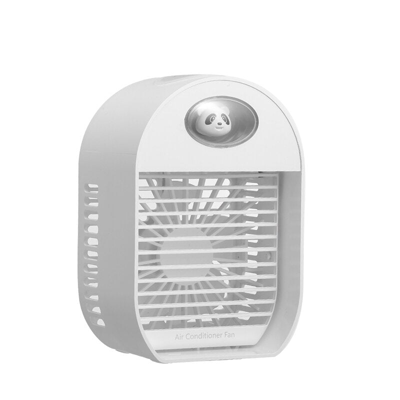 Mini USB Portable Air Cooler Fan in white and green, showcasing its compact design and water mist feature.