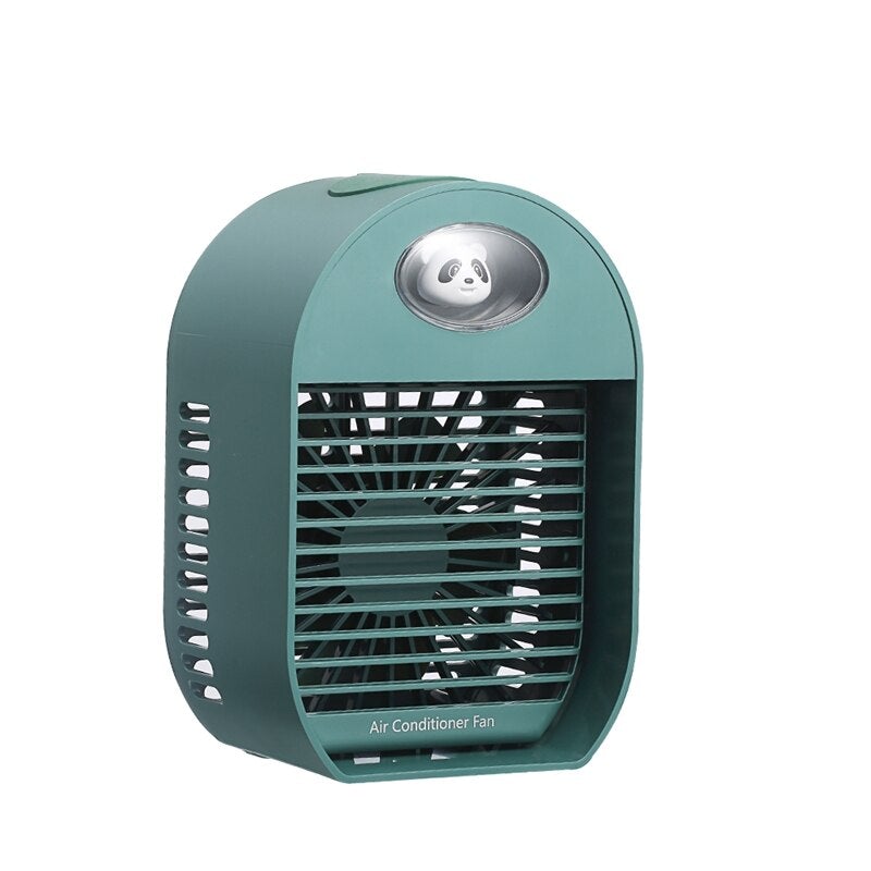 Mini USB Portable Air Cooler Fan in white and green, showcasing its compact design and water mist feature.