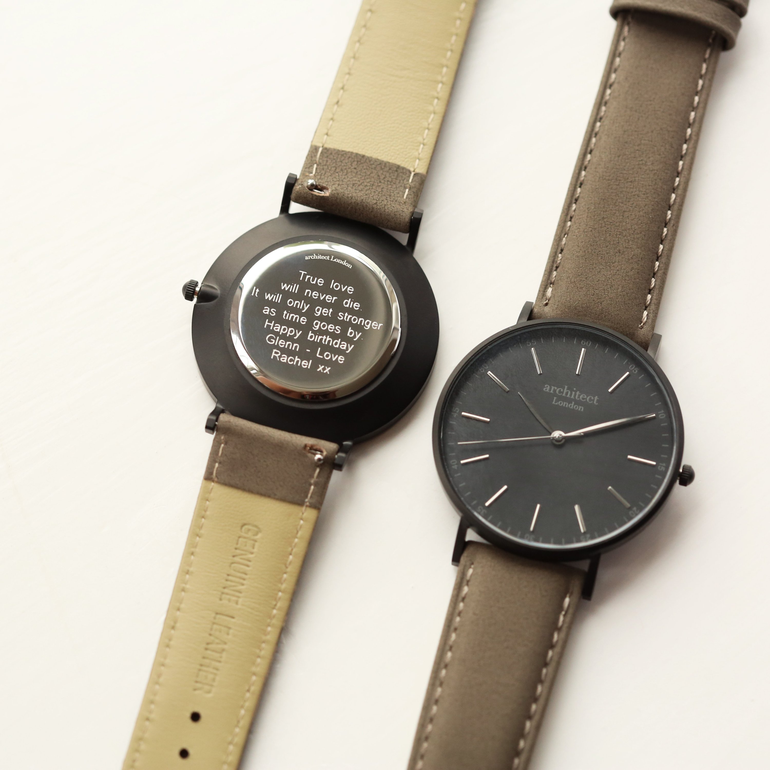 Modern Font Engraving Men's Minimalist Watch with Urban Grey Strap, featuring a sleek stainless steel case and genuine leather band.