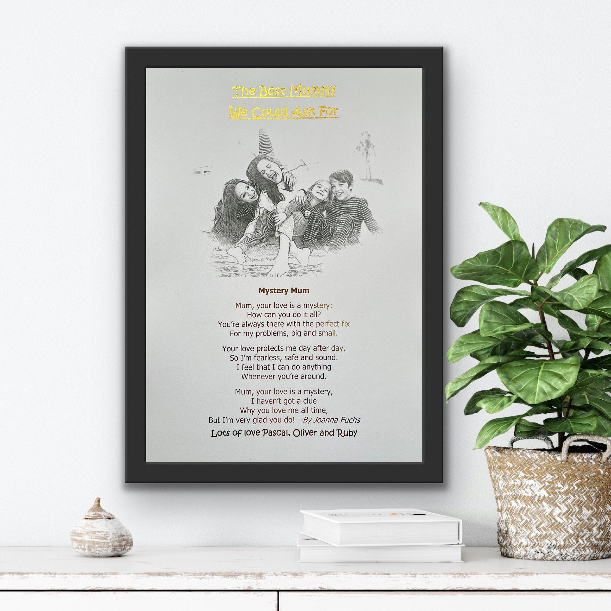 Personalised Mother's Day print featuring a pencil sketch and gold foil poem, perfect sentimental gift for mum.