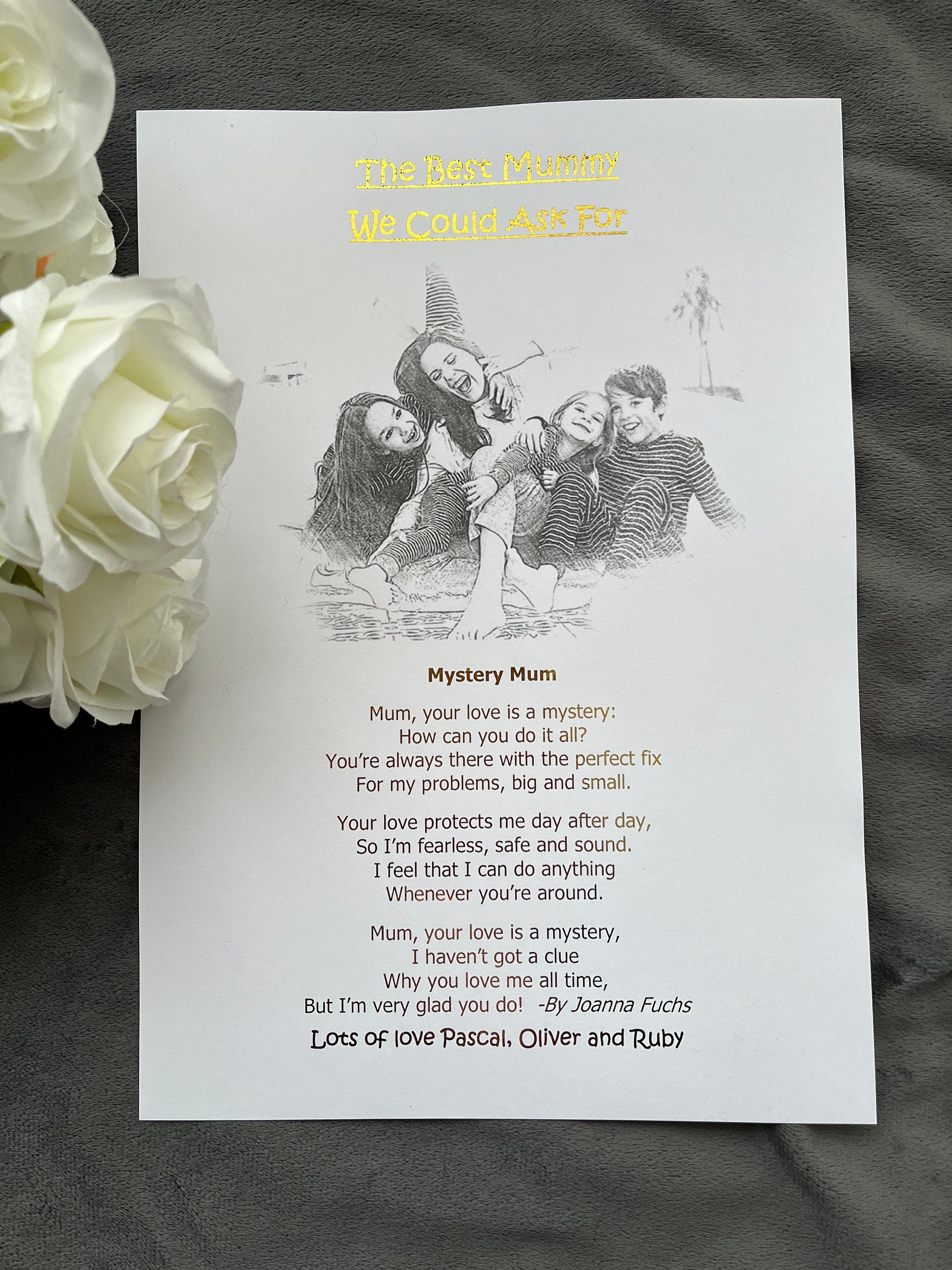 Personalised Mother's Day print featuring a pencil sketch and gold foil poem, perfect sentimental gift for mum.