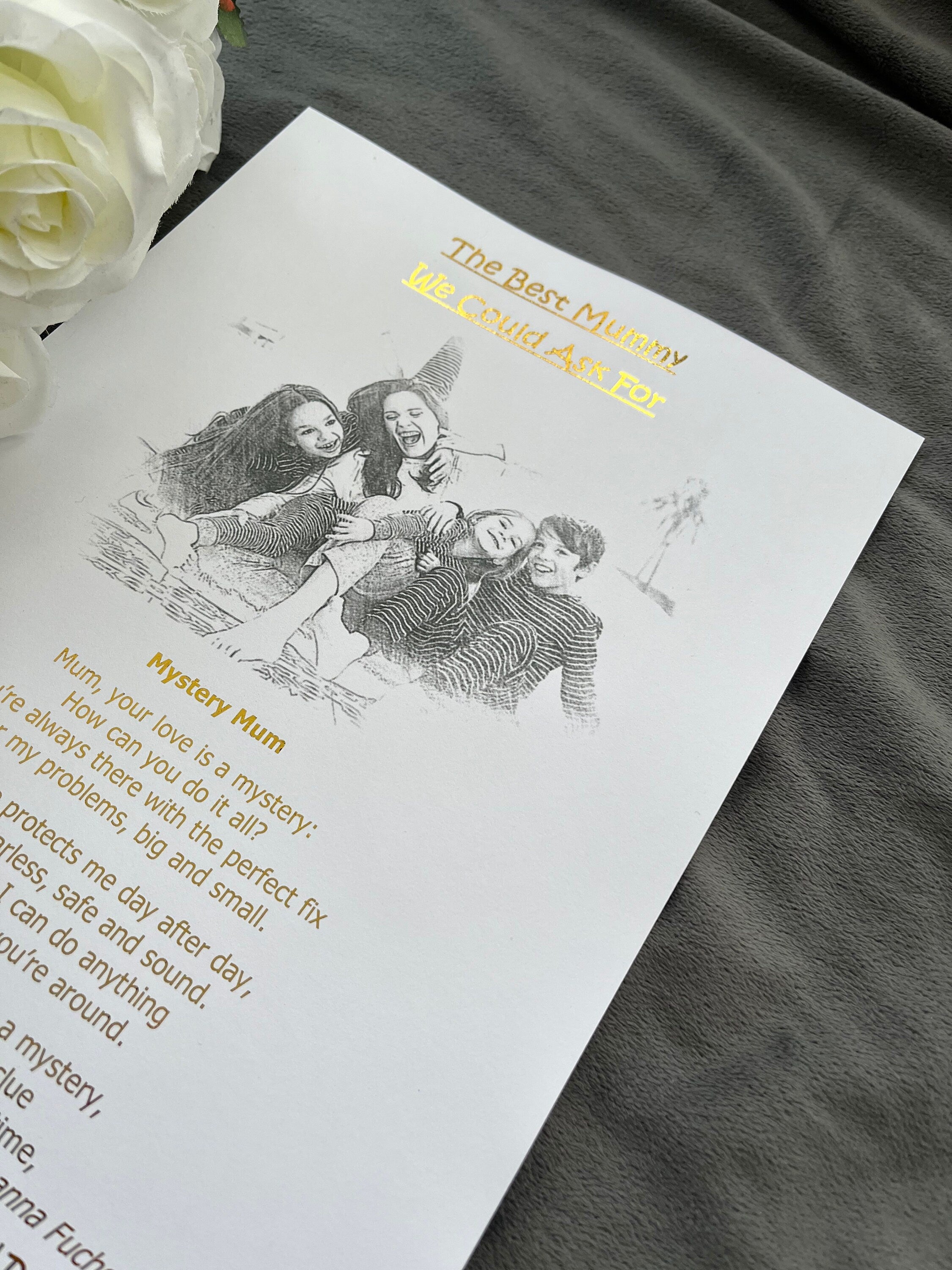 Personalised Mother's Day print featuring a pencil sketch and gold foil poem, perfect sentimental gift for mum.