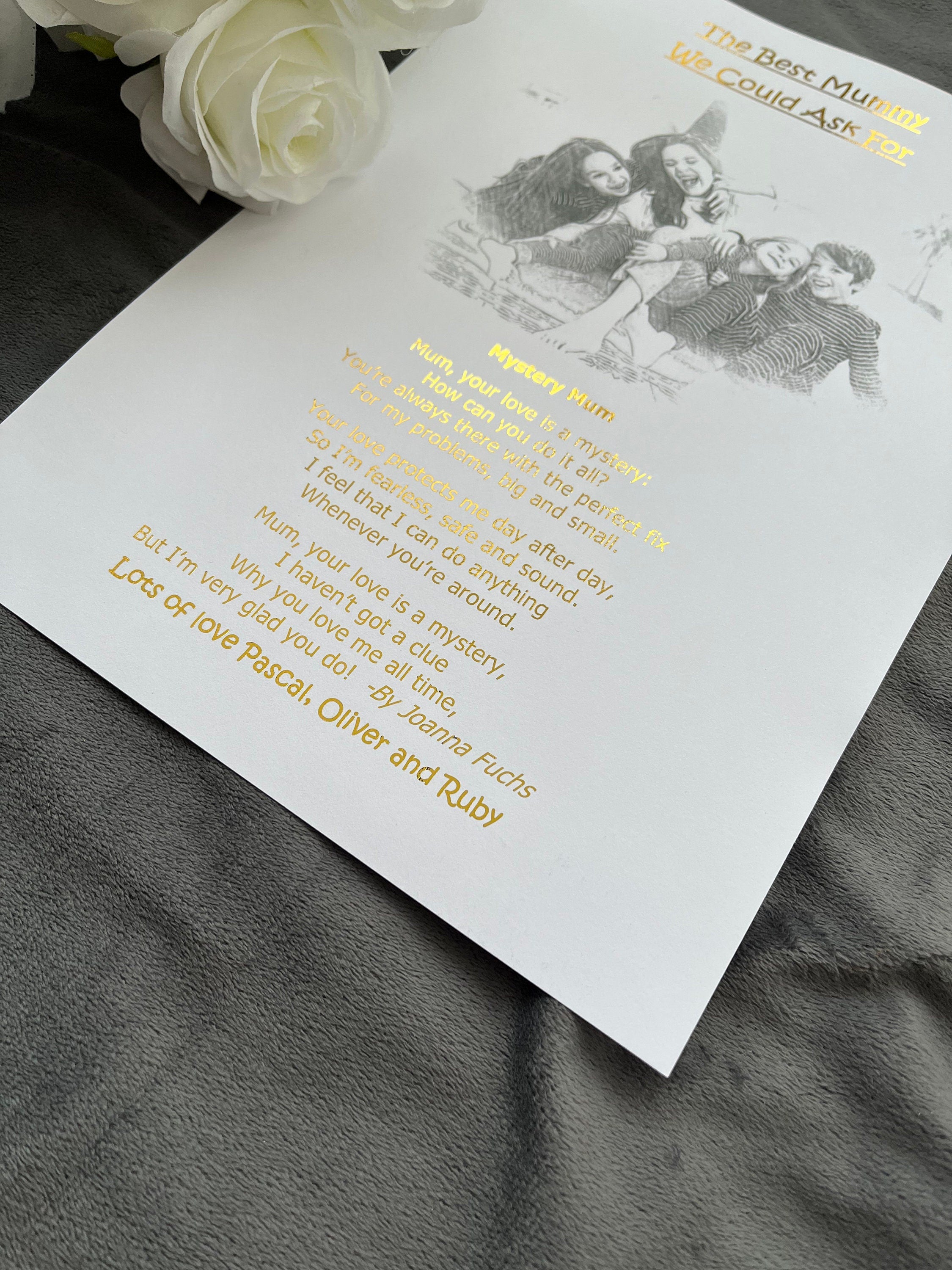 Personalised Mother's Day print featuring a pencil sketch and gold foil poem, perfect sentimental gift for mum.