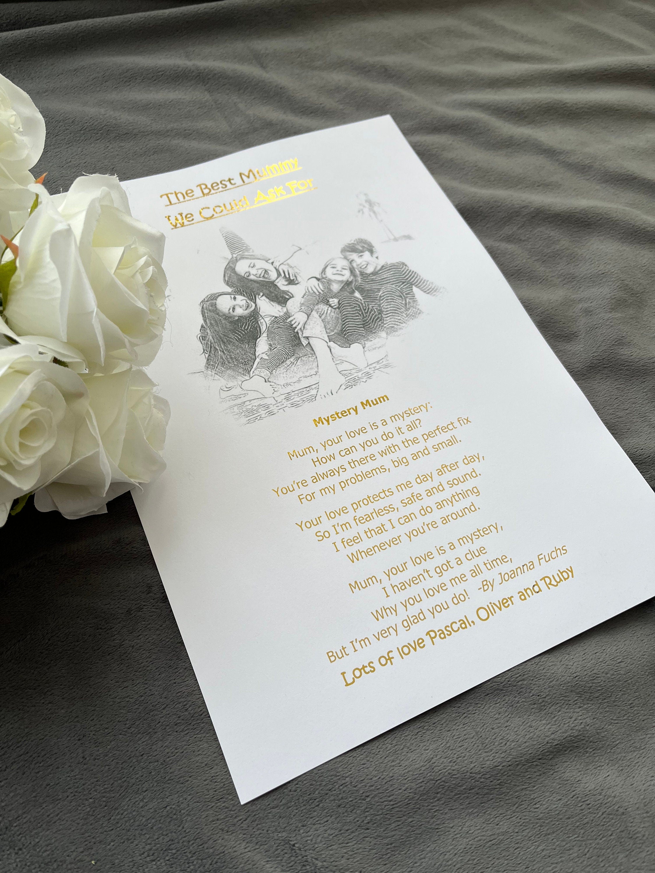 Personalised Mother's Day print featuring a pencil sketch and gold foil poem, perfect sentimental gift for mum.