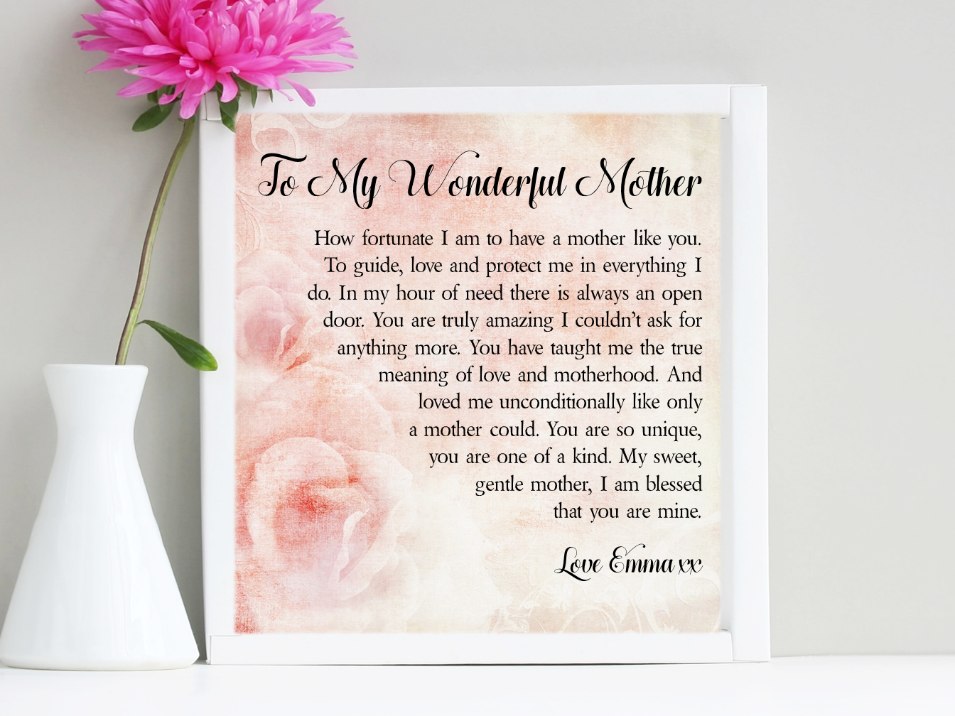 A beautifully framed personalised poem for mothers, featuring a vintage rose design and sparkling diamantes.