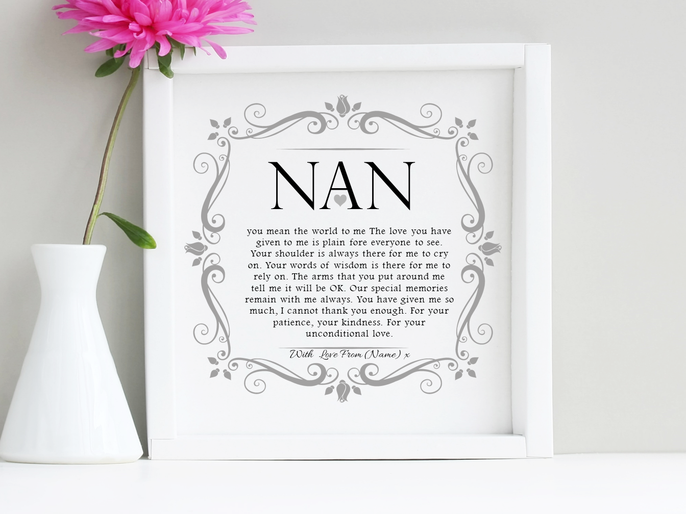 A beautifully framed personalised poem for Nan, featuring elegant typography and a stylish box frame.