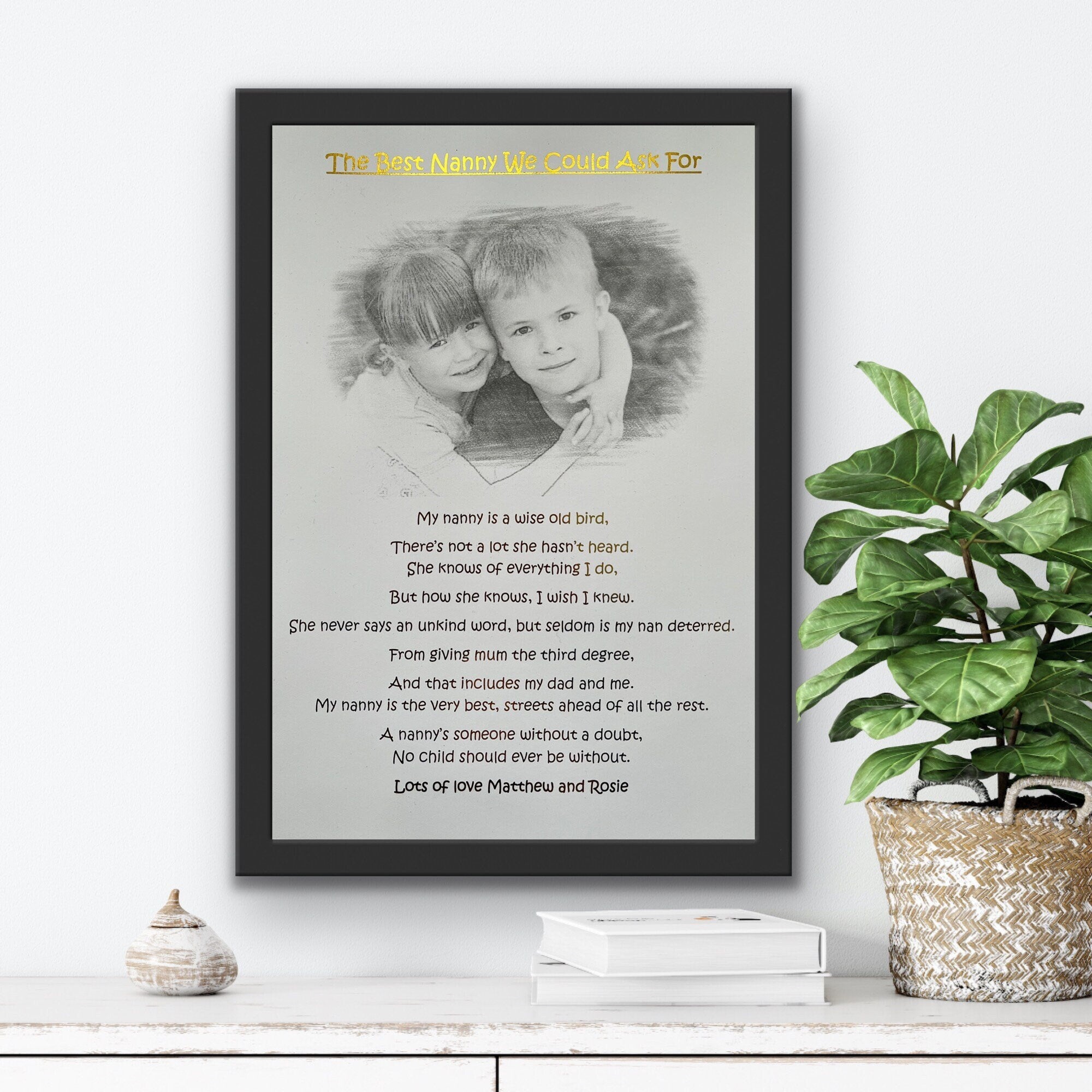 A sentimental Nanny Print featuring a heartfelt poem and elegant black and white pencil sketch design.