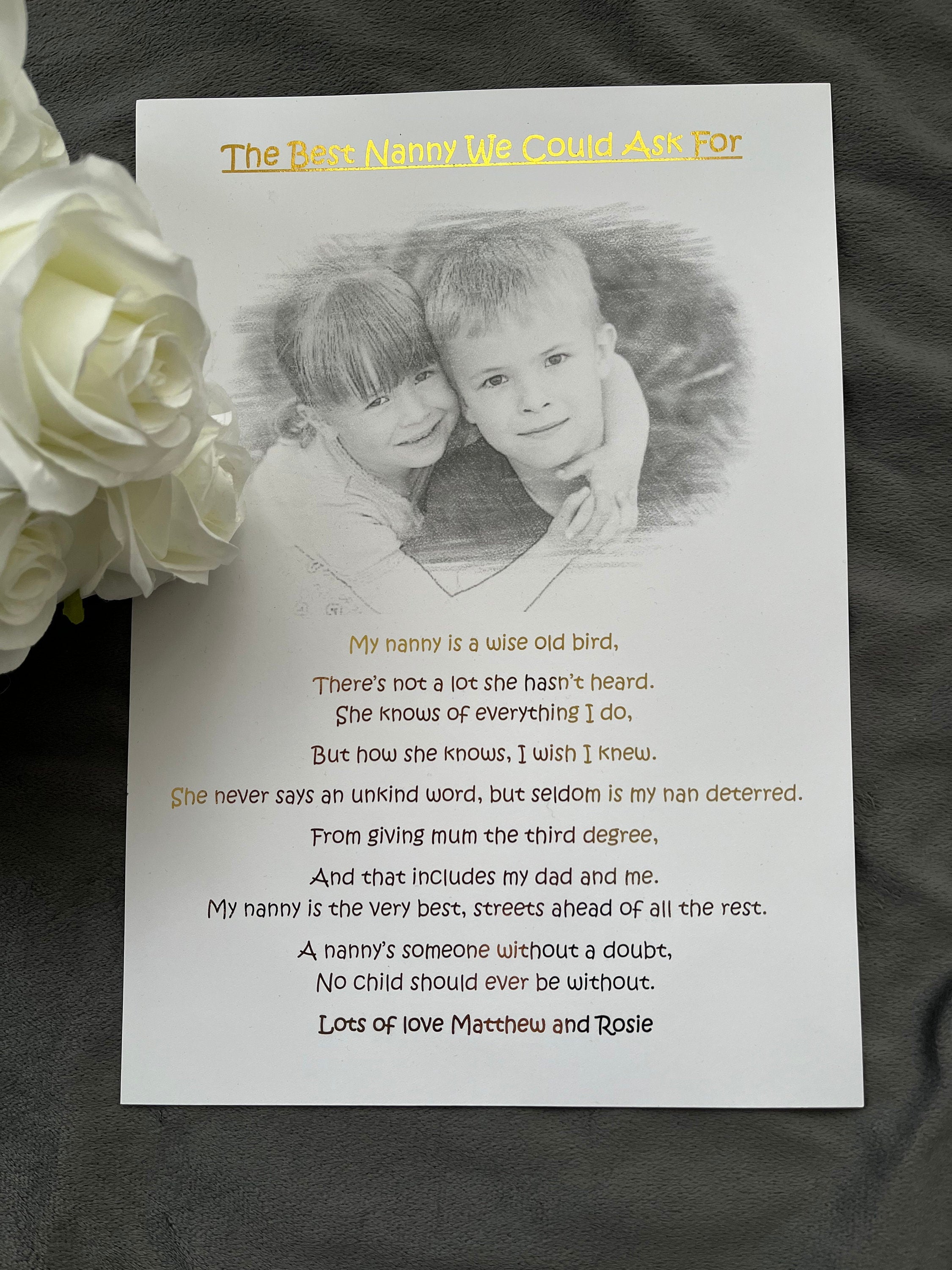 A sentimental Nanny Print featuring a heartfelt poem and elegant black and white pencil sketch design.