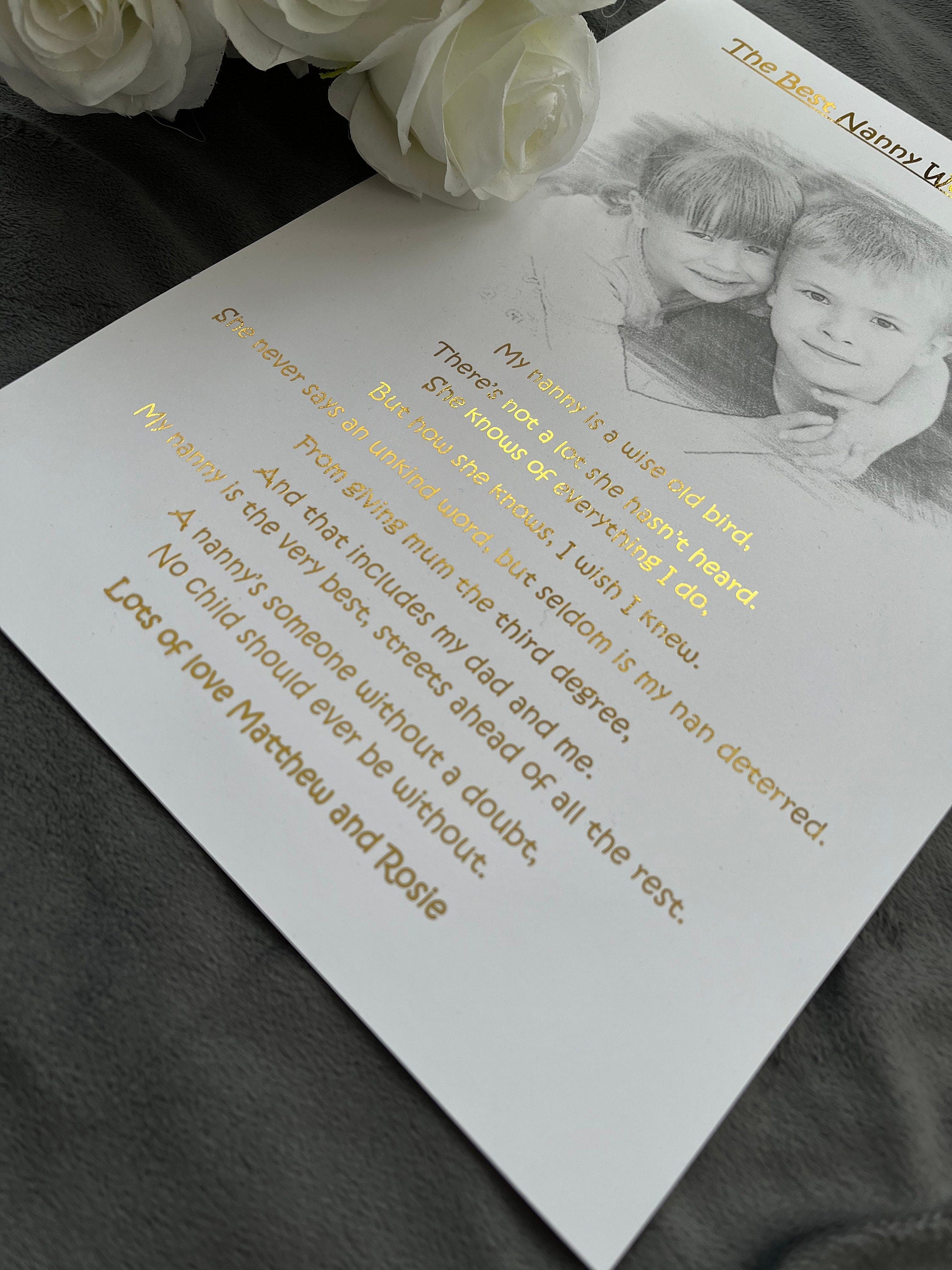 A sentimental Nanny Print featuring a heartfelt poem and elegant black and white pencil sketch design.