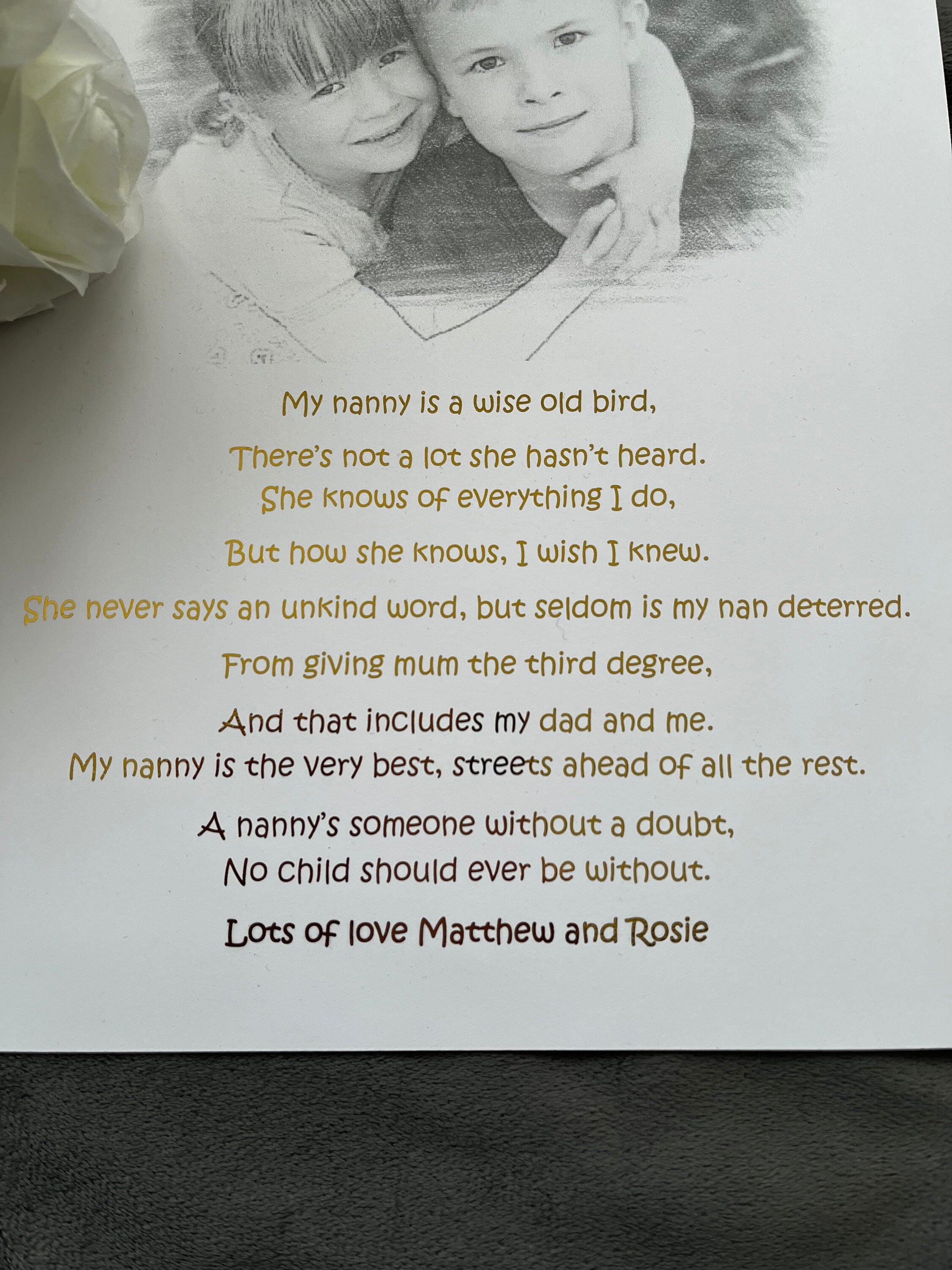 A sentimental Nanny Print featuring a heartfelt poem and elegant black and white pencil sketch design.