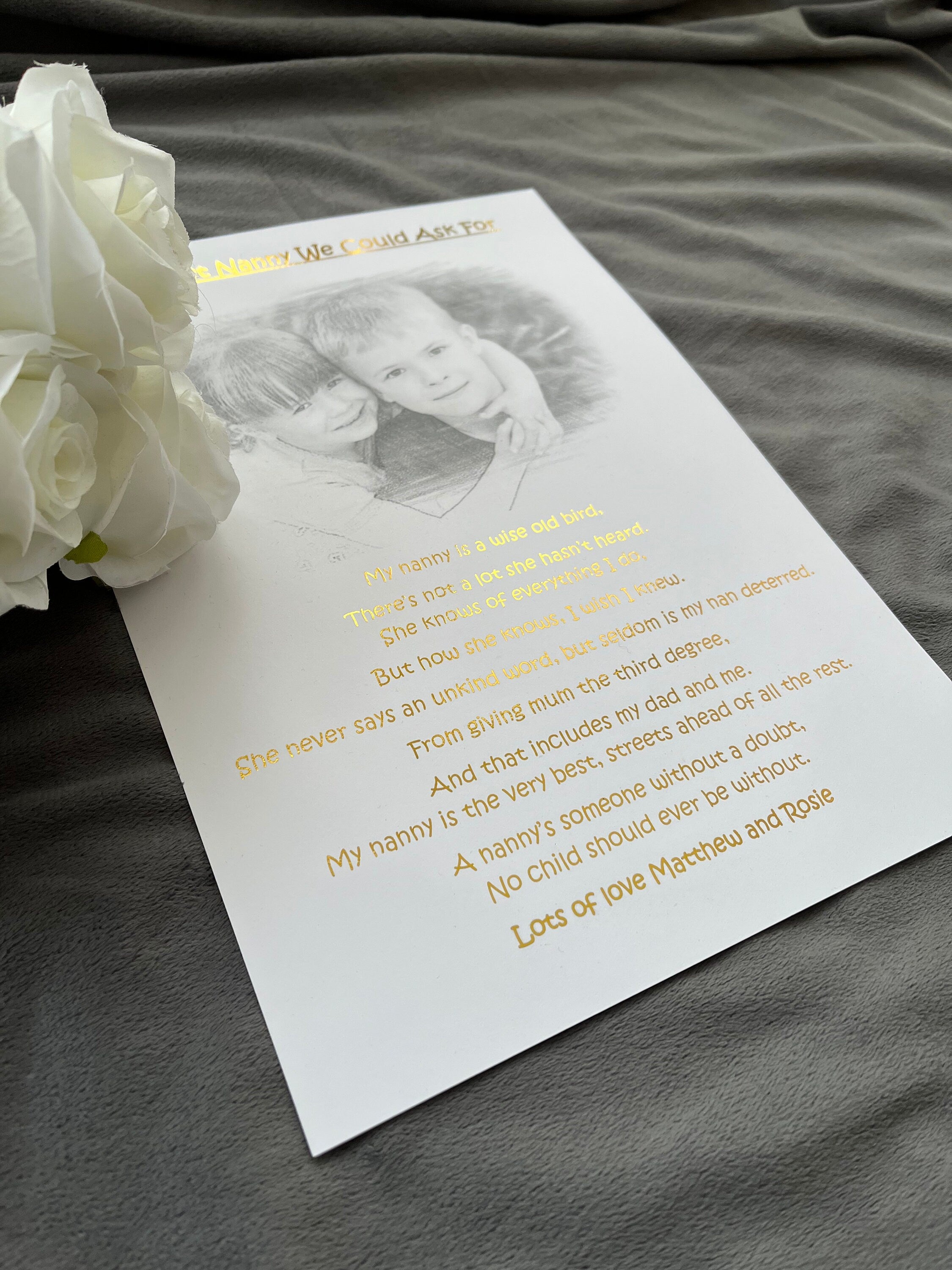 A sentimental Nanny Print featuring a heartfelt poem and elegant black and white pencil sketch design.