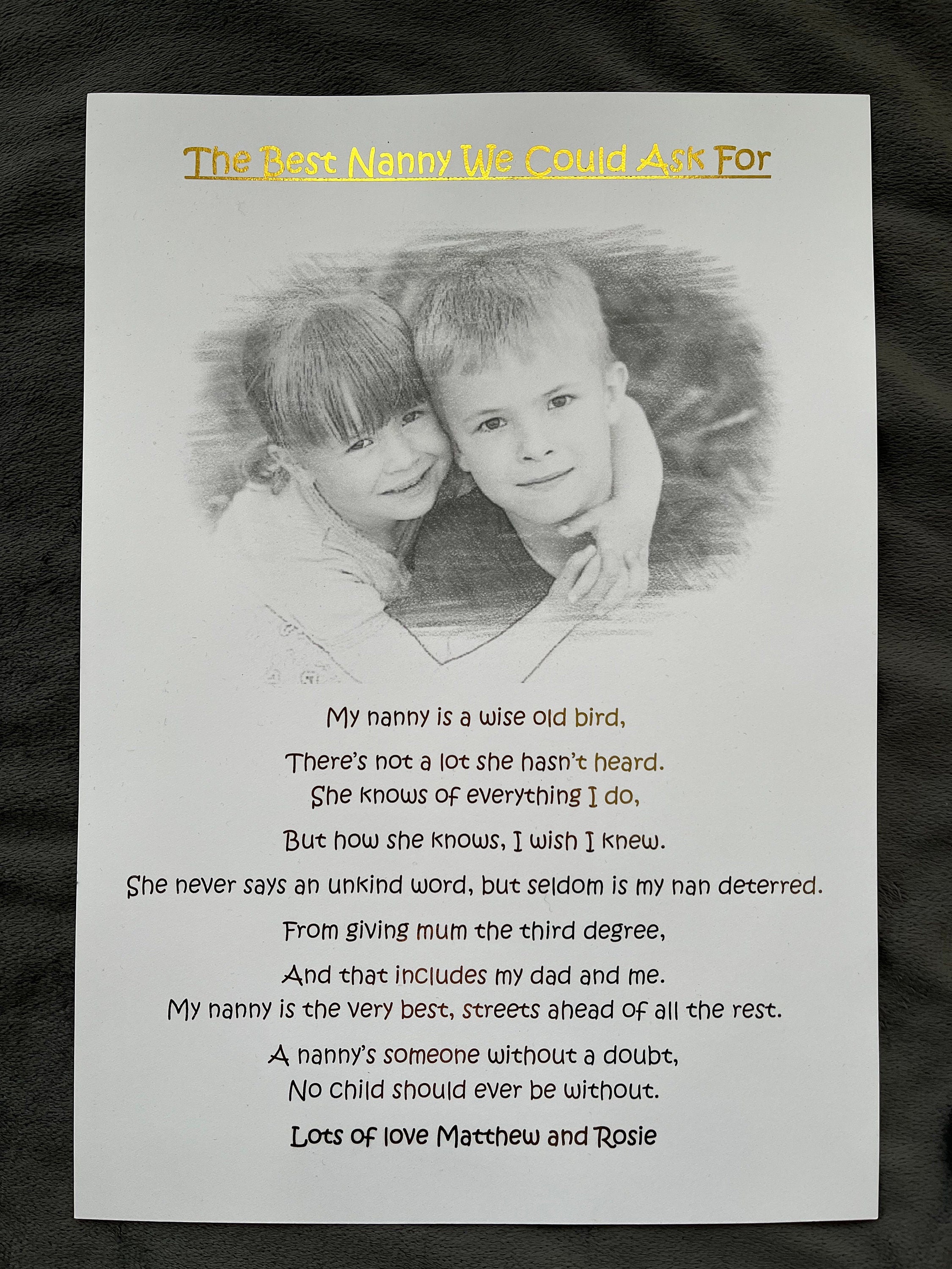 A sentimental Nanny Print featuring a heartfelt poem and elegant black and white pencil sketch design.