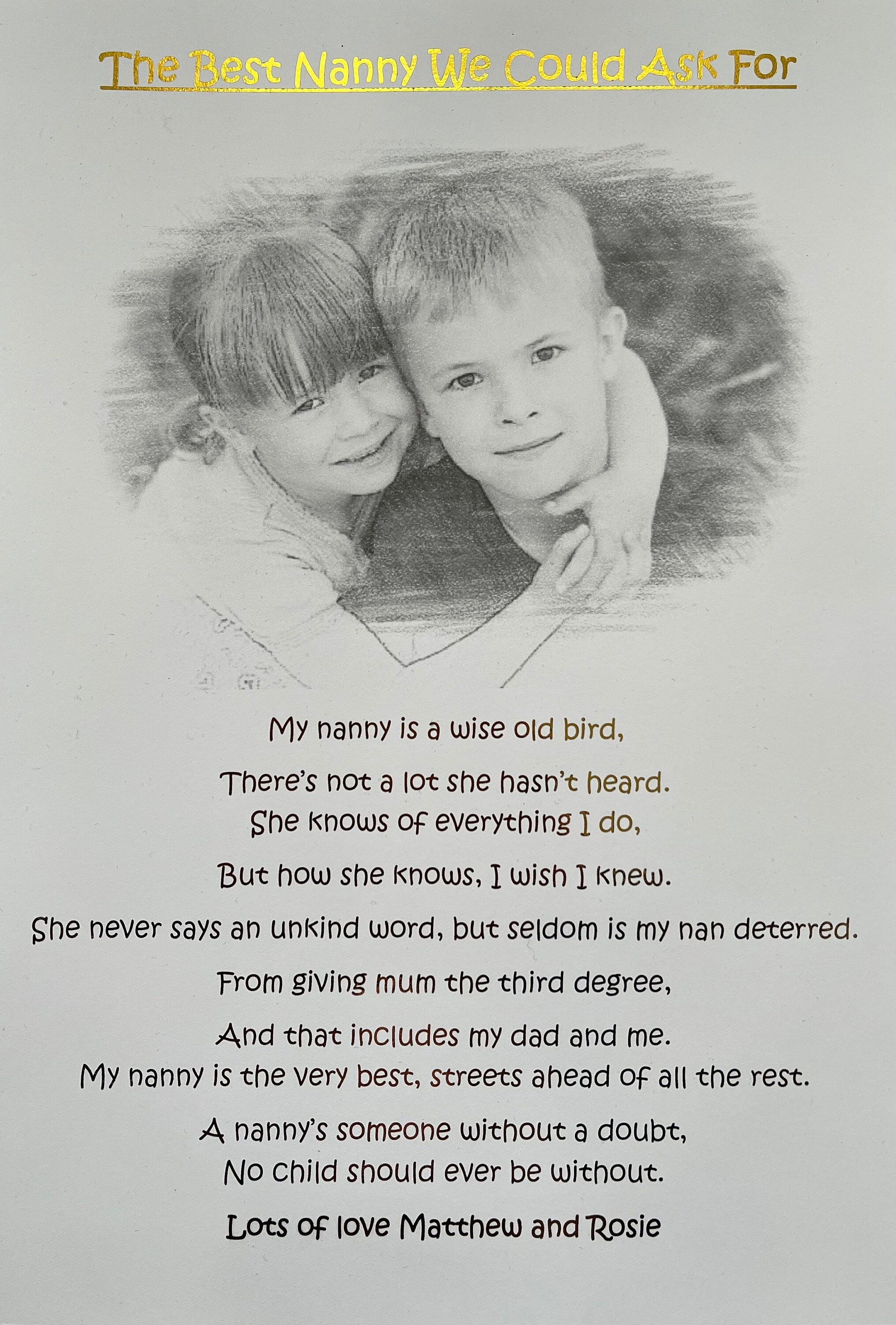 A sentimental Nanny Print featuring a heartfelt poem and elegant black and white pencil sketch design.