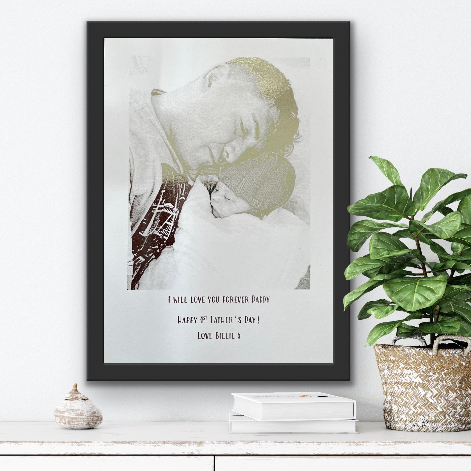 A personalized Father's Day foil print featuring a custom image and quote on a white background with silver foil accents.