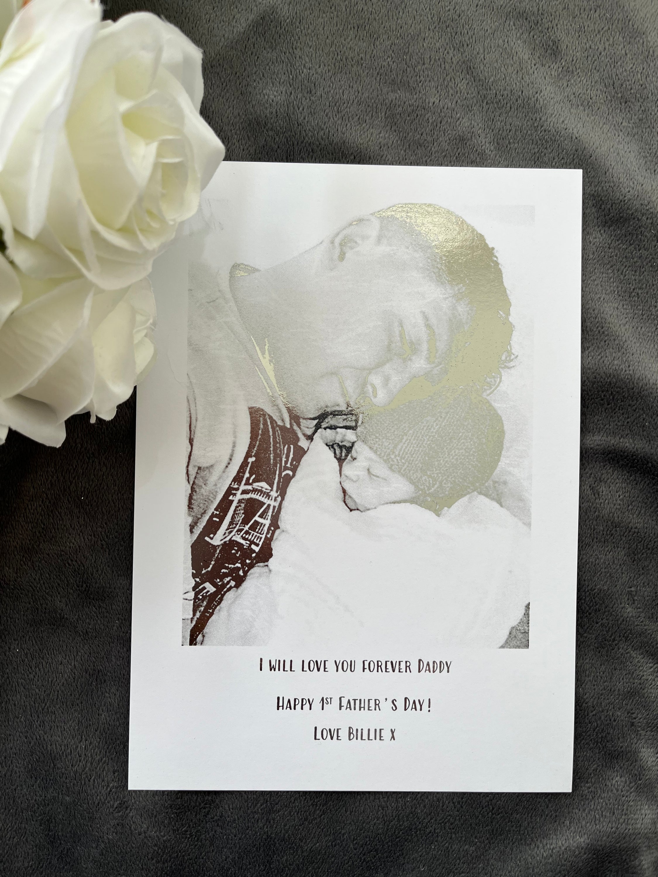 A personalized Father's Day foil print featuring a custom image and quote on a white background with silver foil accents.