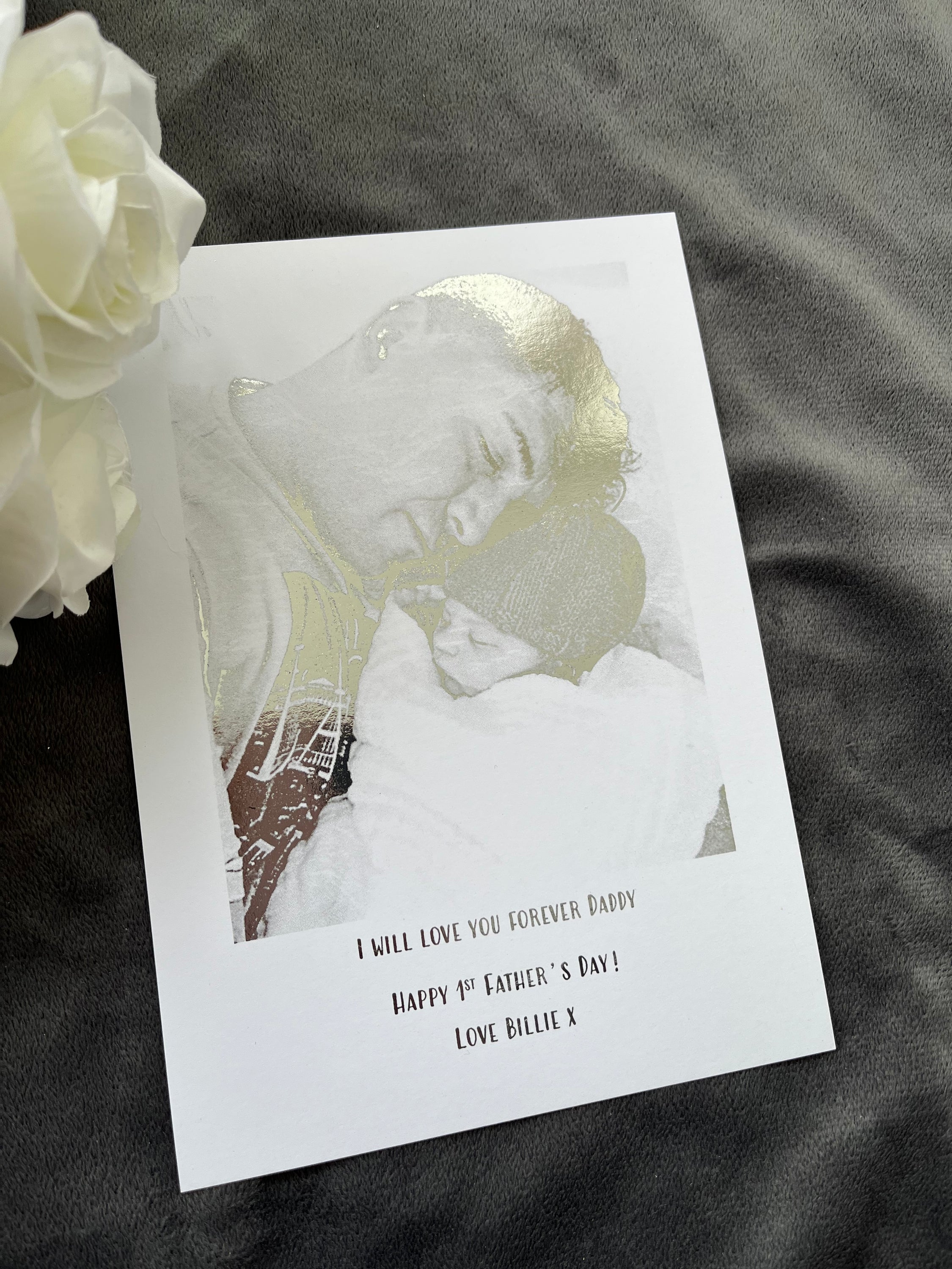 A personalized Father's Day foil print featuring a custom image and quote on a white background with silver foil accents.