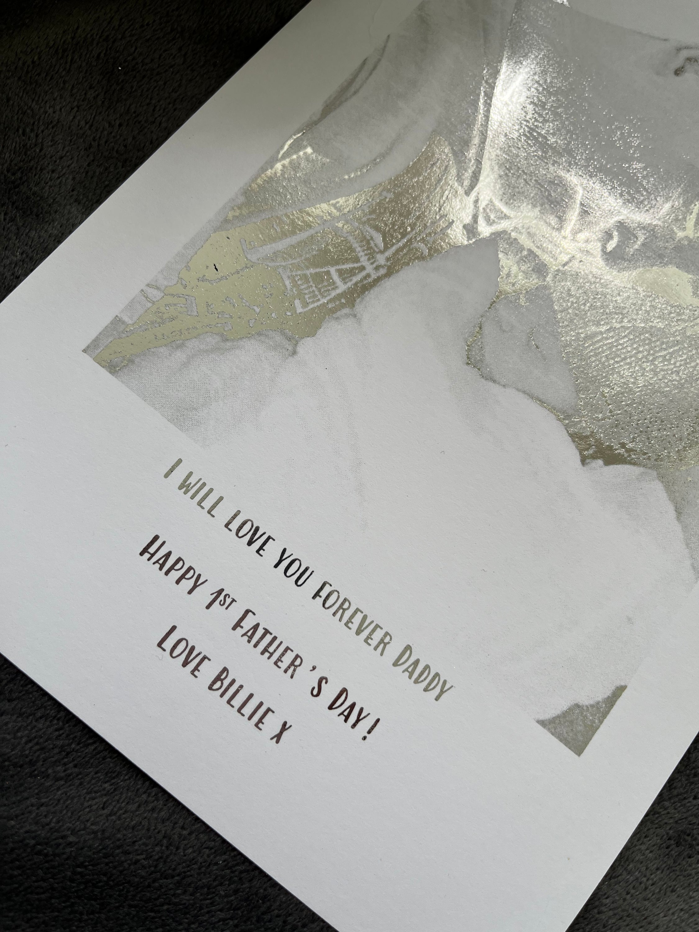 A personalized Father's Day foil print featuring a custom image and quote on a white background with silver foil accents.